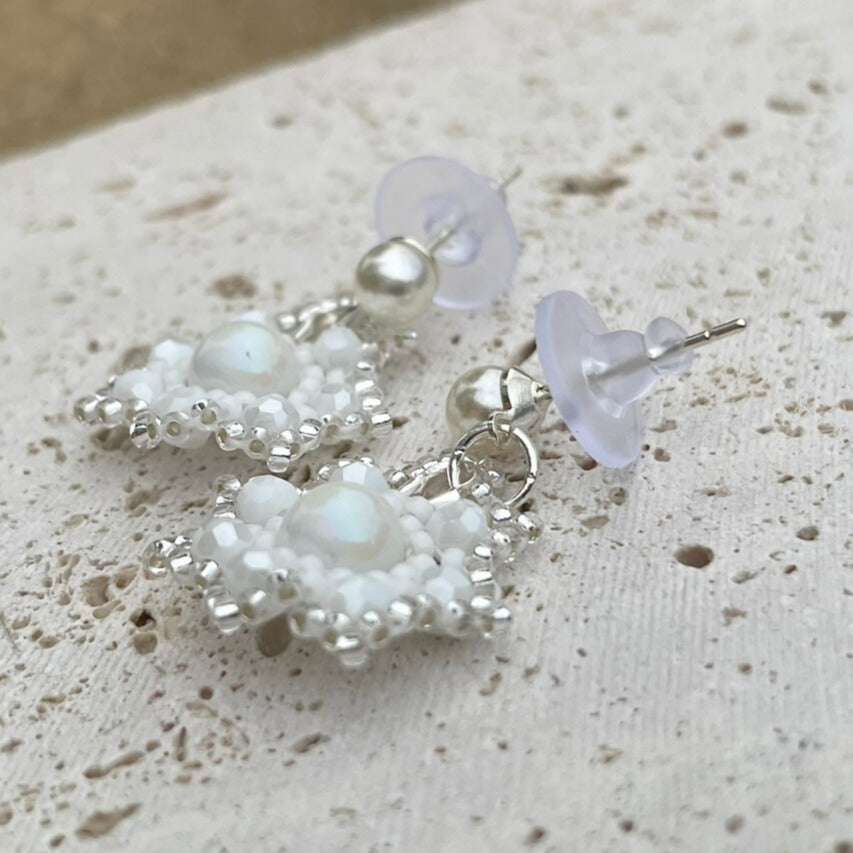 Silver pearl beaded snowflake Christmas Earrings