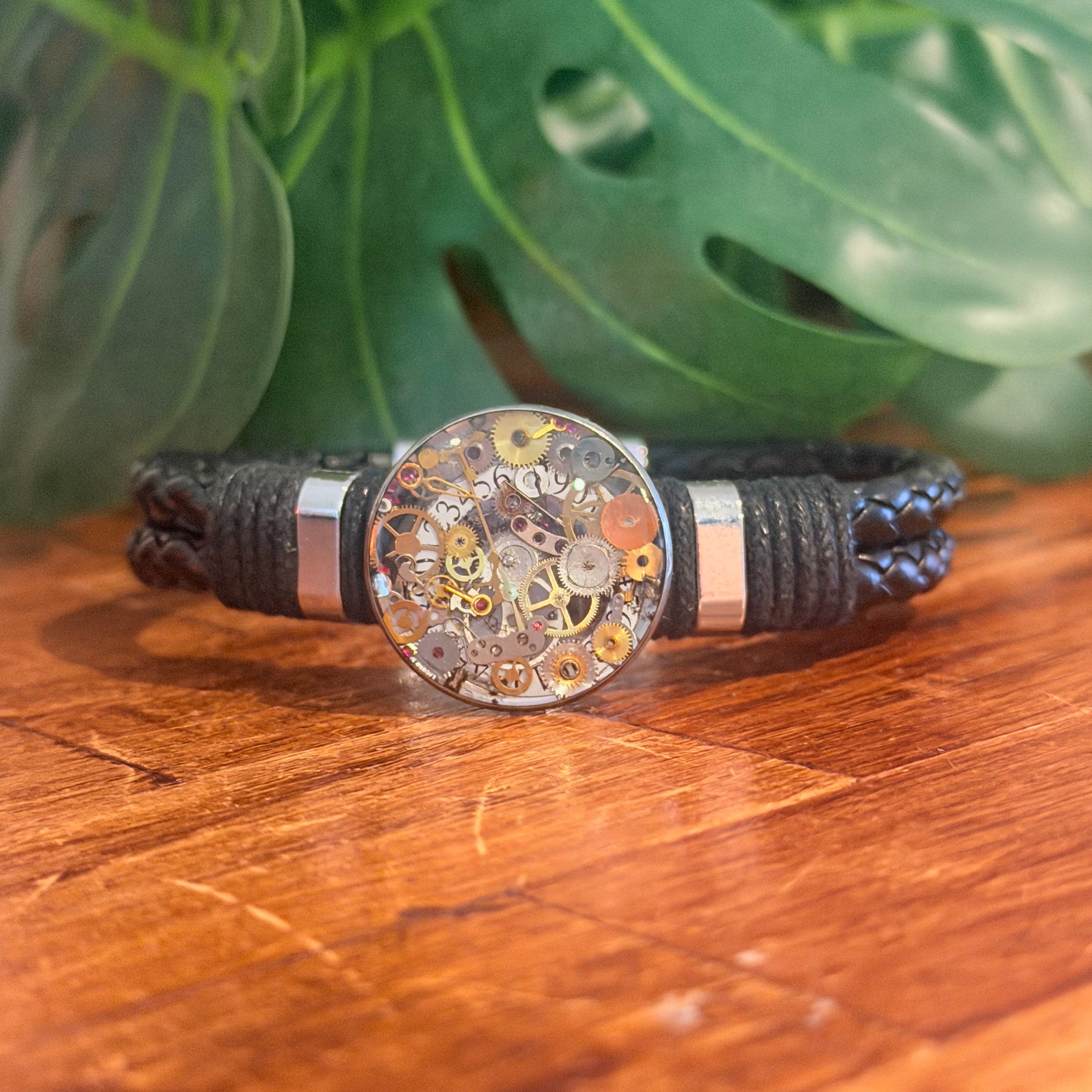 Steampunk watch parts cuff/bracelet black leather