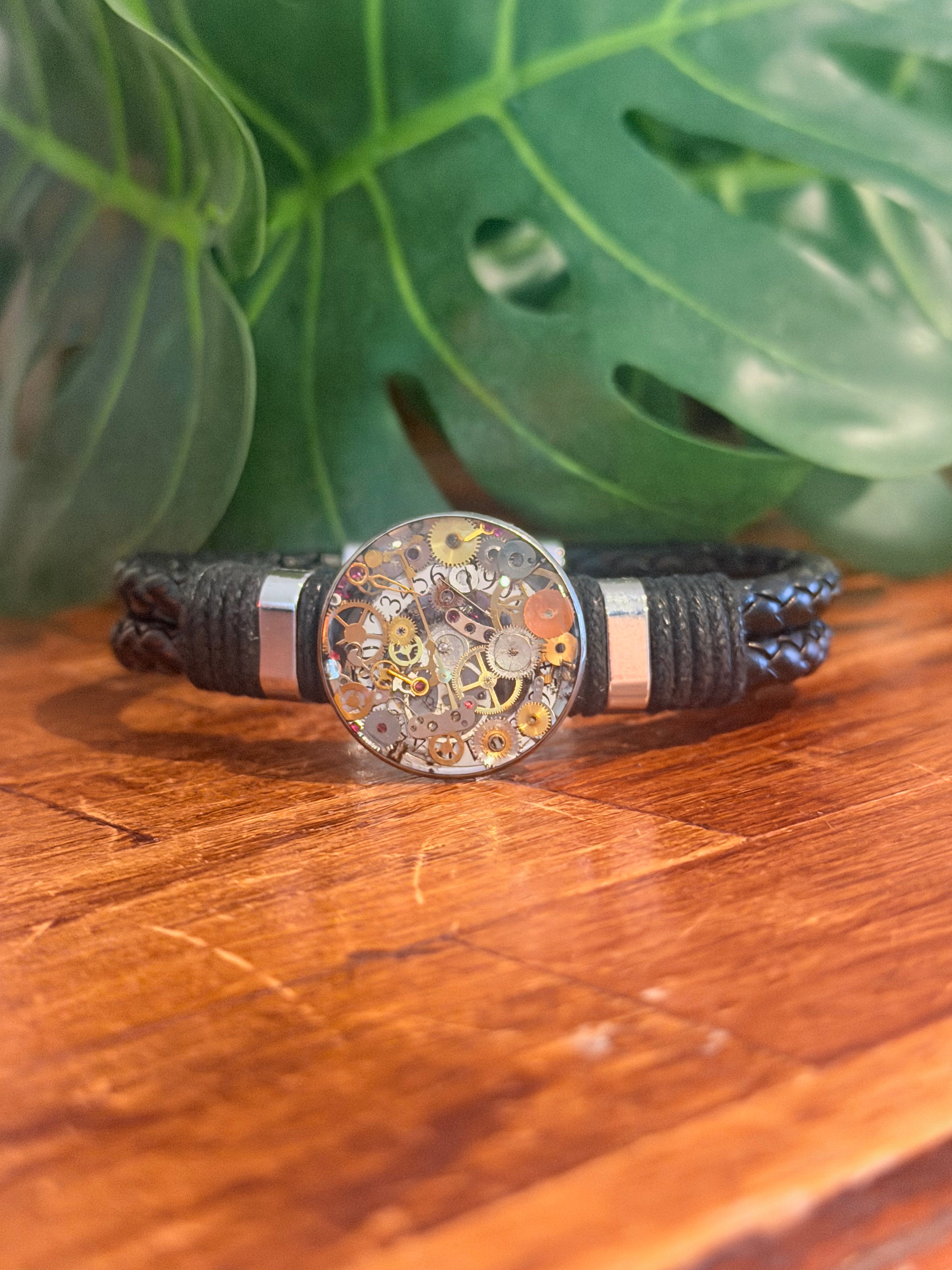 Steampunk watch parts cuff/bracelet black leather