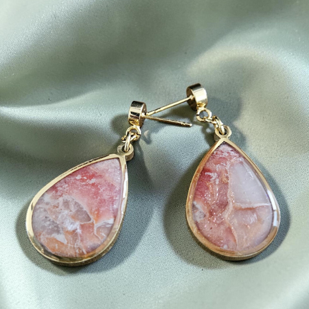 Teardrop Polymer Clay Earrings - Peach and Cream Stone with Dot Stud