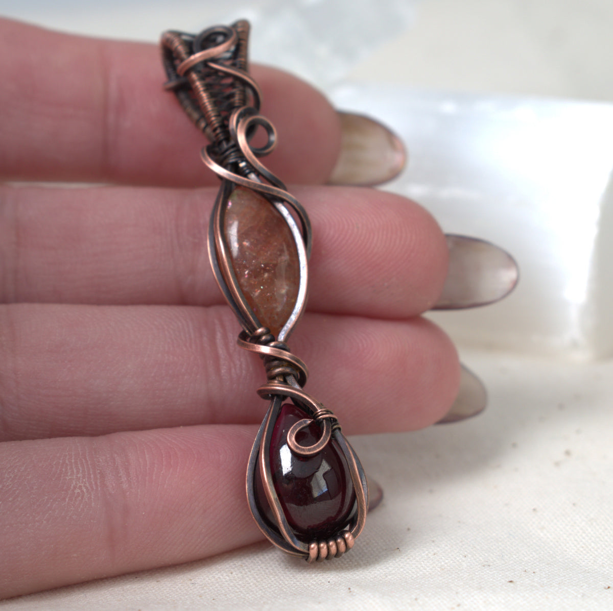 Autumn Flame Garnet and Sunstone Copper Wrapped Pendant