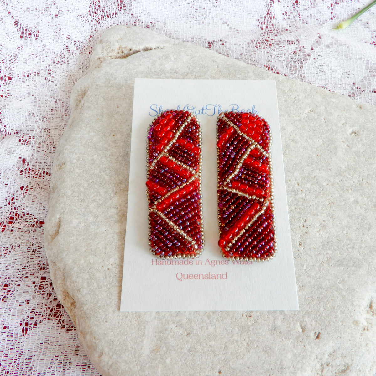 Bead Embroidered Red & Silver Earrings