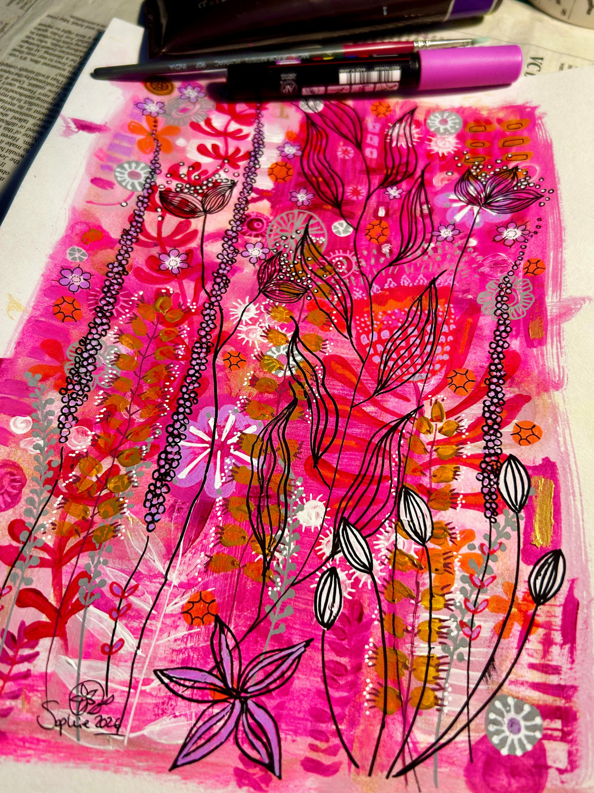 Original Hand-Painted Art: Ember Lines in Hot Pink