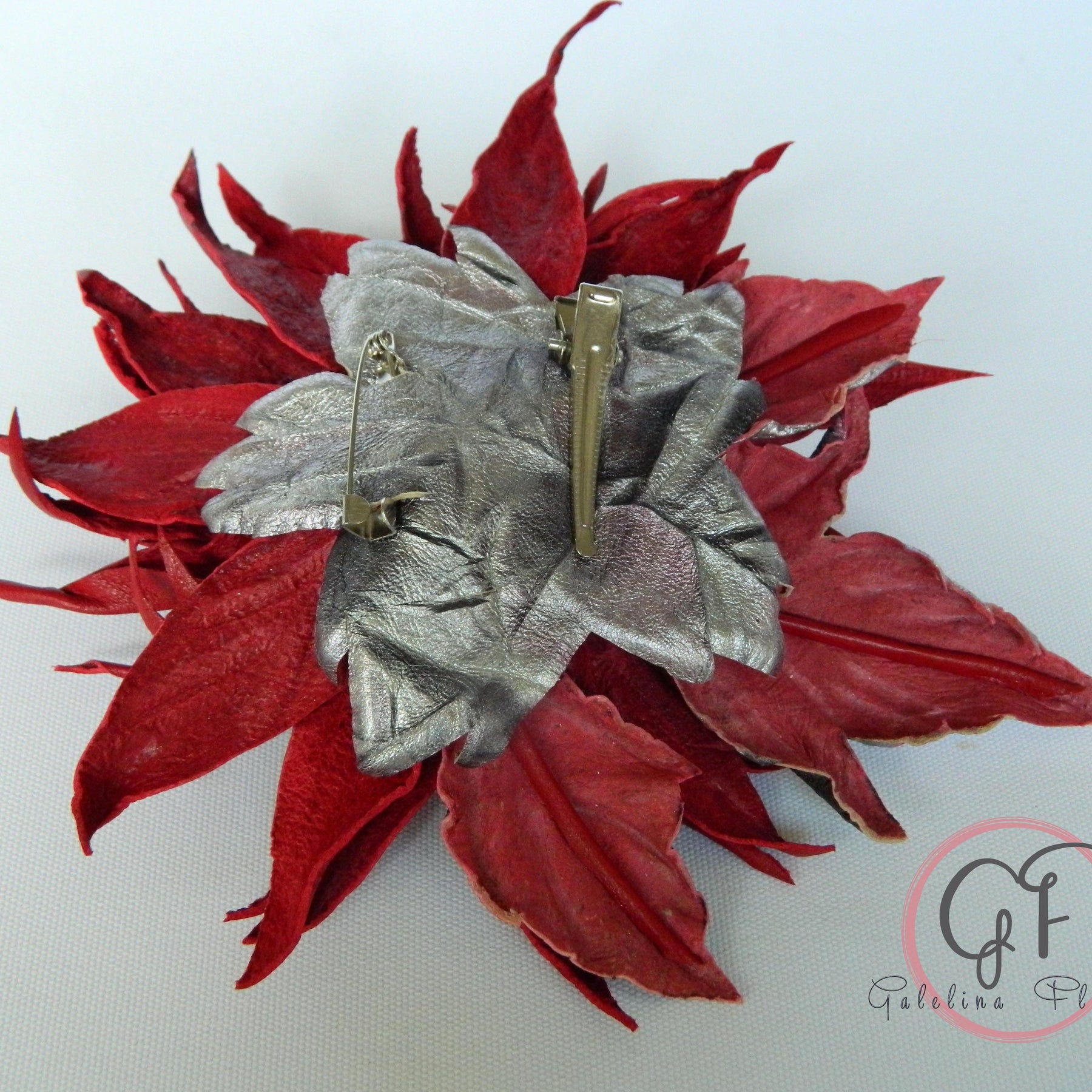 Leather Red Dahlia “Burning Petals” Brooch, Hair hat clip, Corsage Flower