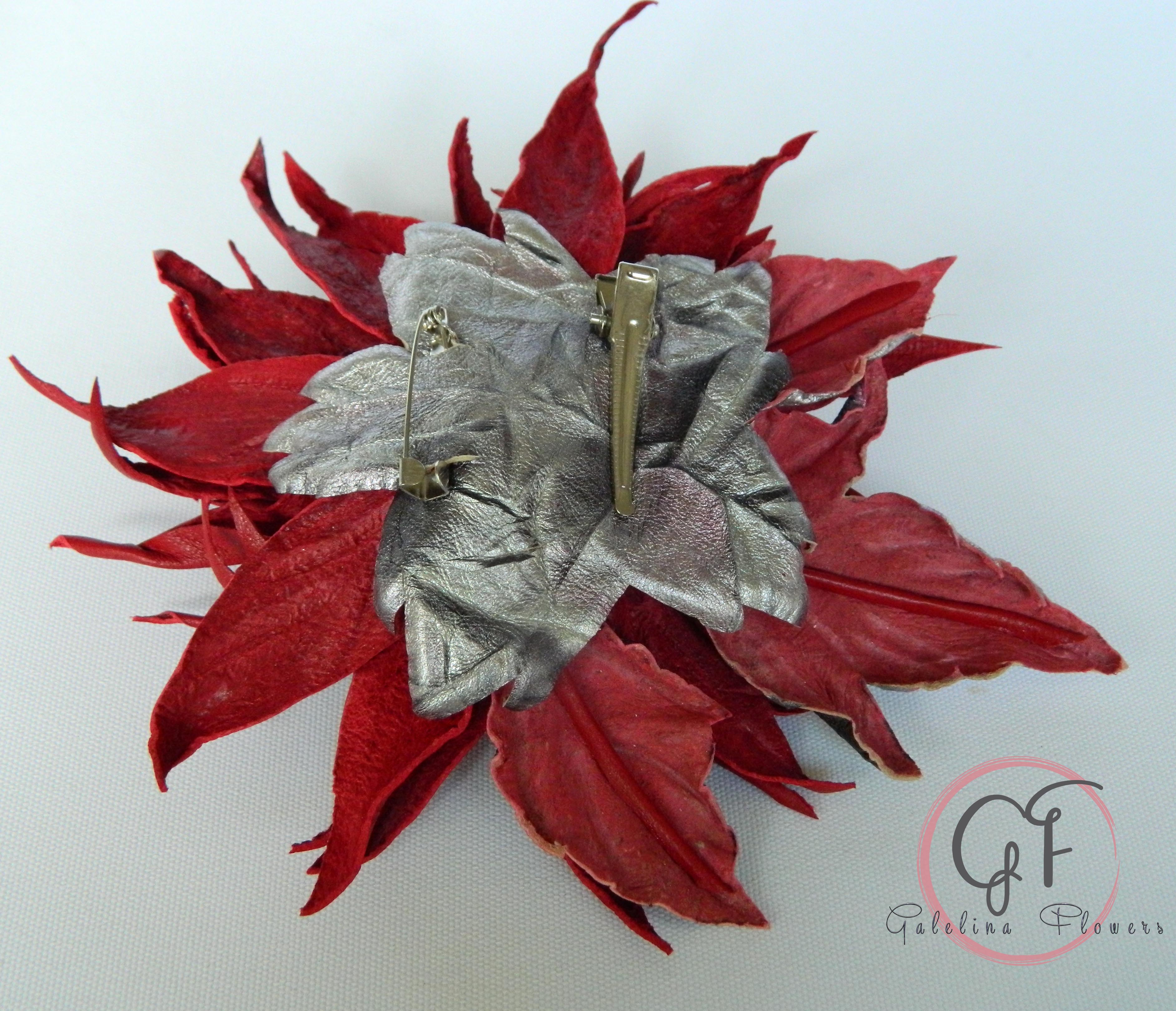 Leather Red Dahlia “Burning Petals” Brooch, Hair hat clip, Corsage Flower