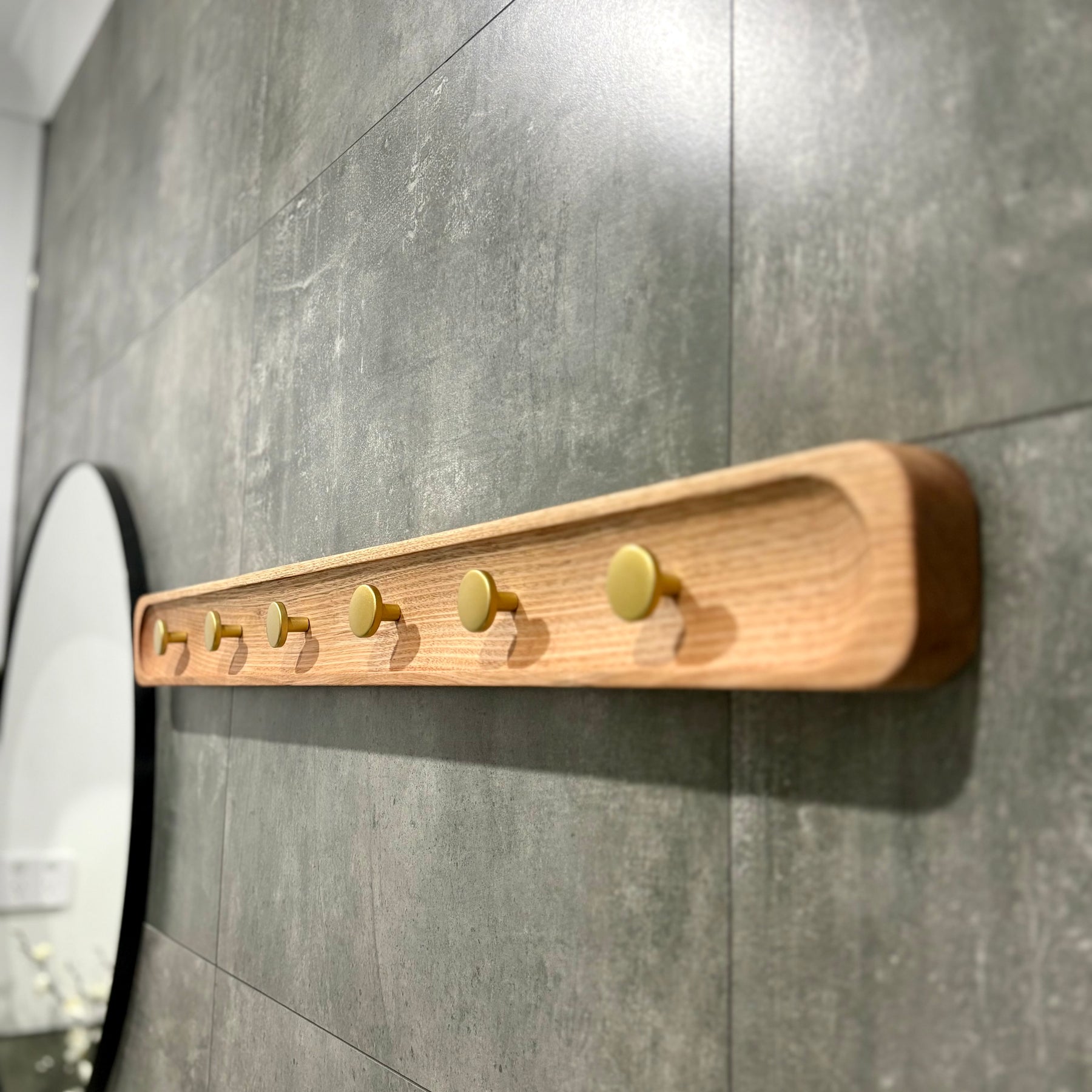 No.1 Tasmanian oak coat rack with gold hooks