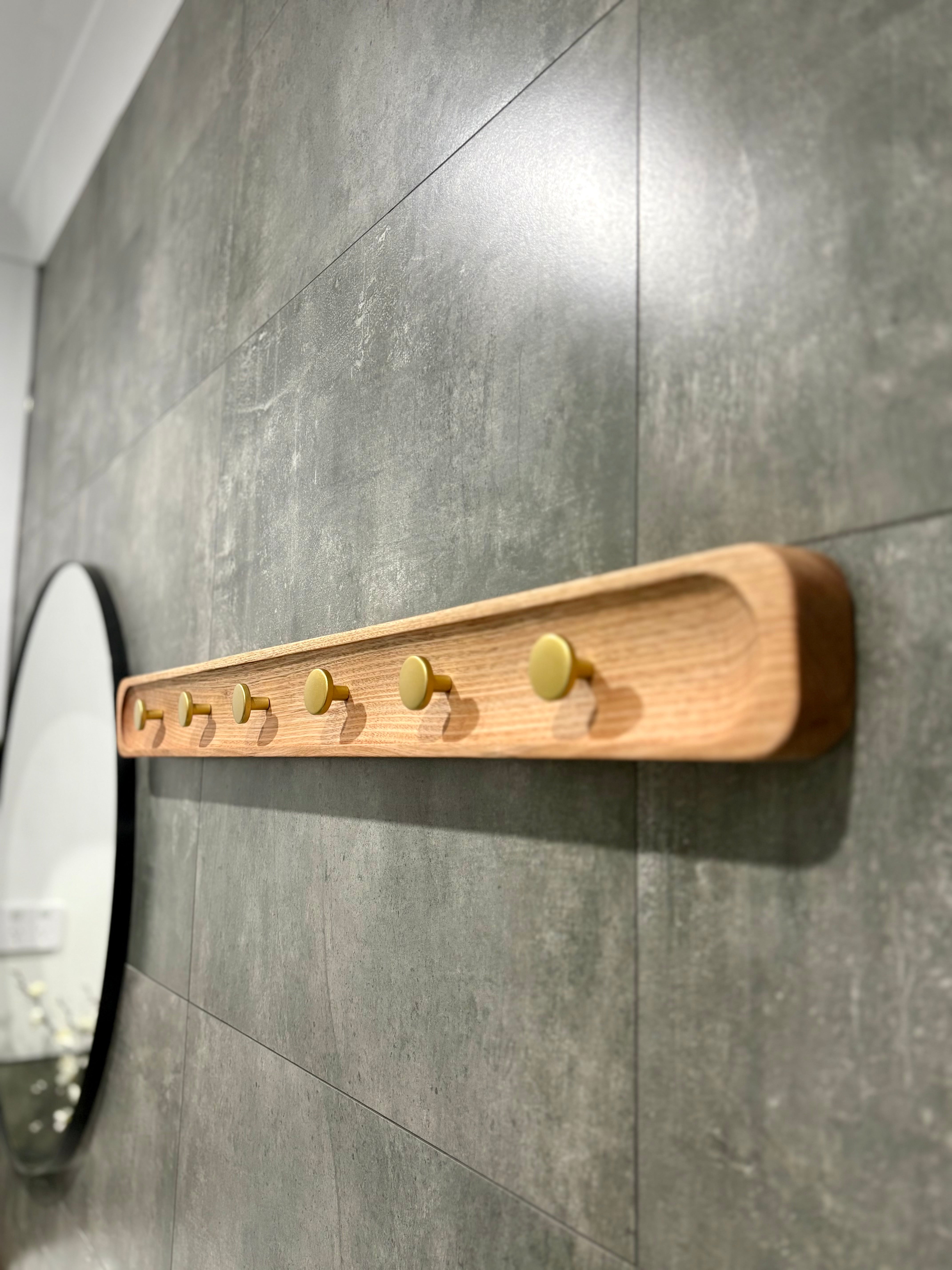 No.1 Tasmanian oak coat rack with gold hooks