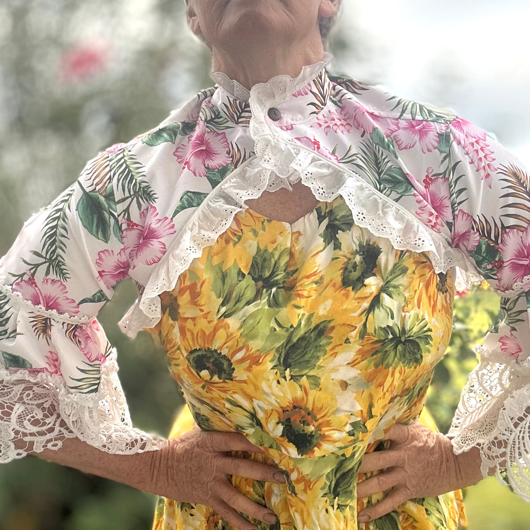 Upcycled Pink Hibiscus Bolero 3/4 Lace Sleeves