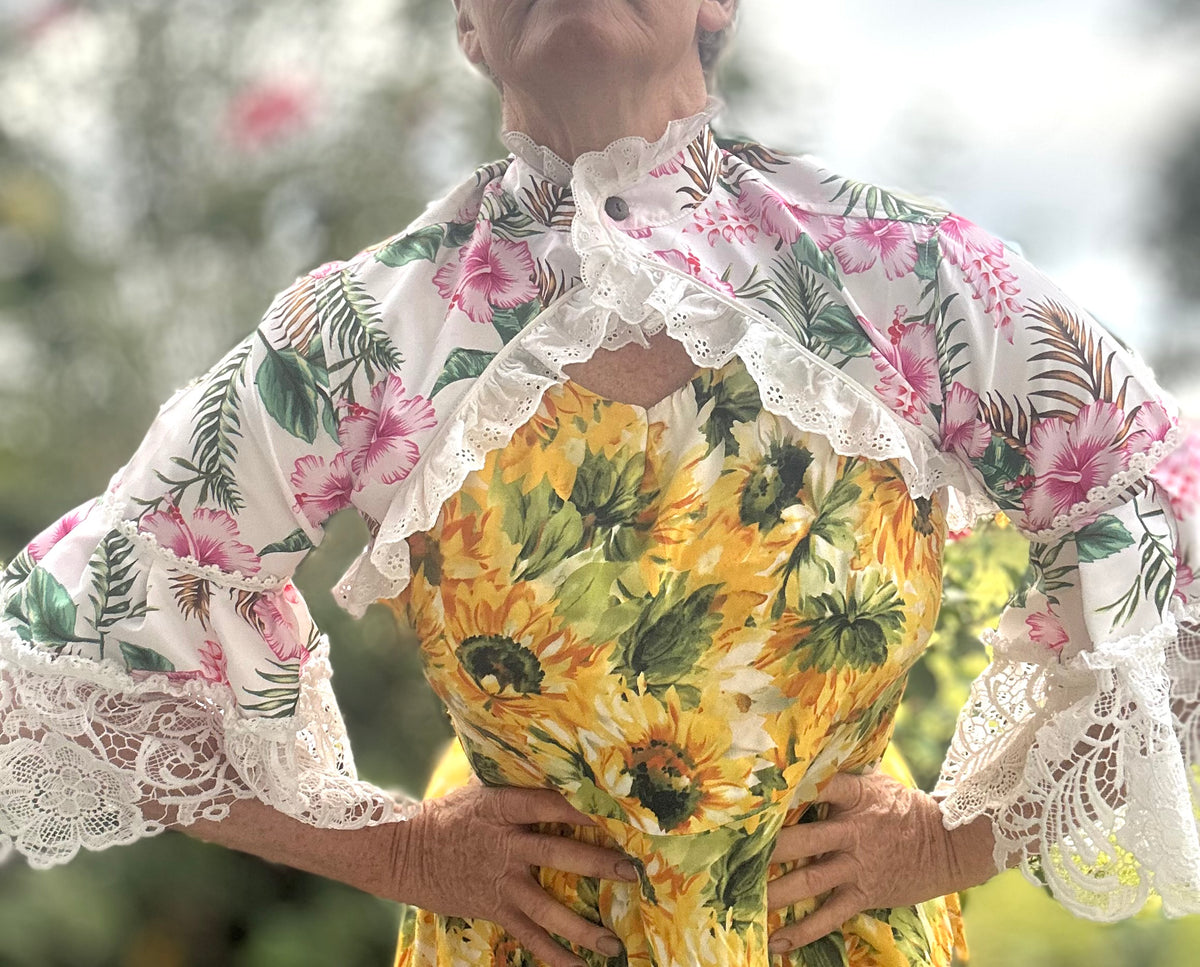 Upcycled Pink Hibiscus Bolero 3/4 Lace Sleeves