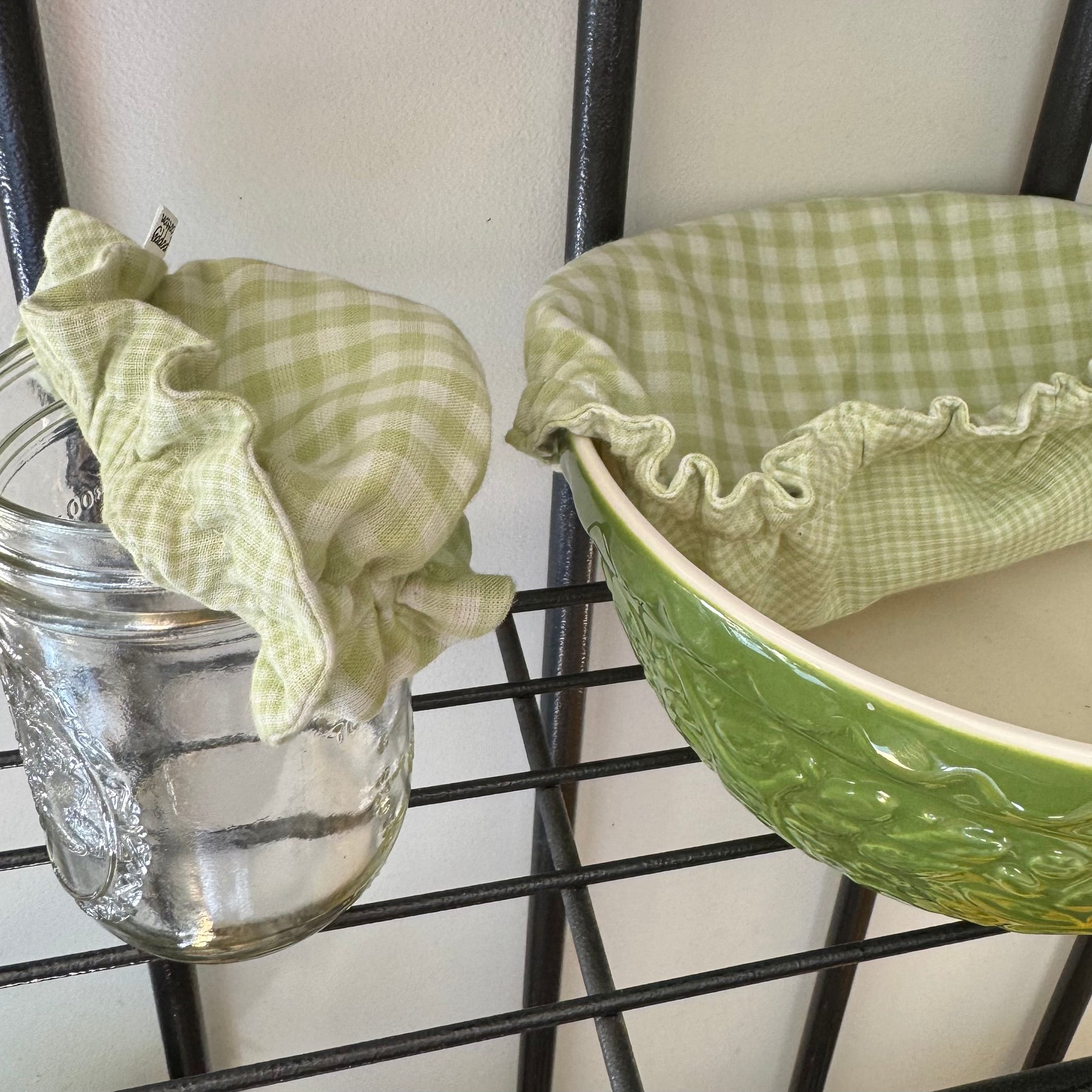 Green Gingham Bowl & Jar Cotton Cover Set