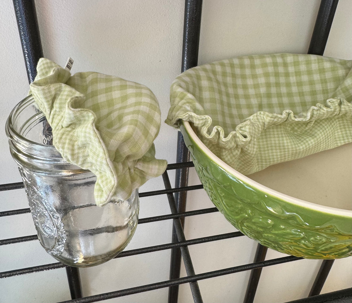 Green Gingham Bowl & Jar Cotton Cover Set