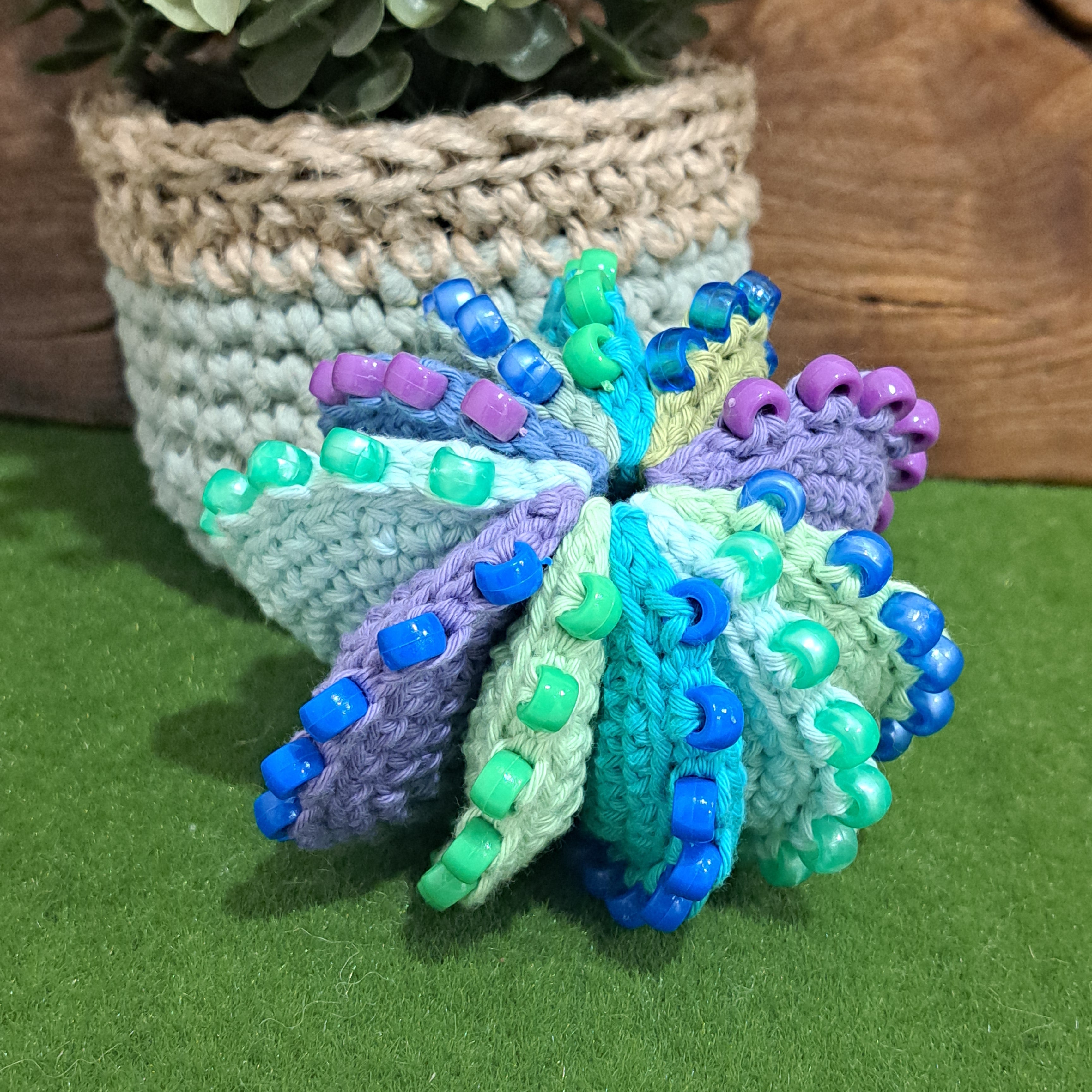Crochet fidget stress ball/ beaded/ blues and greens