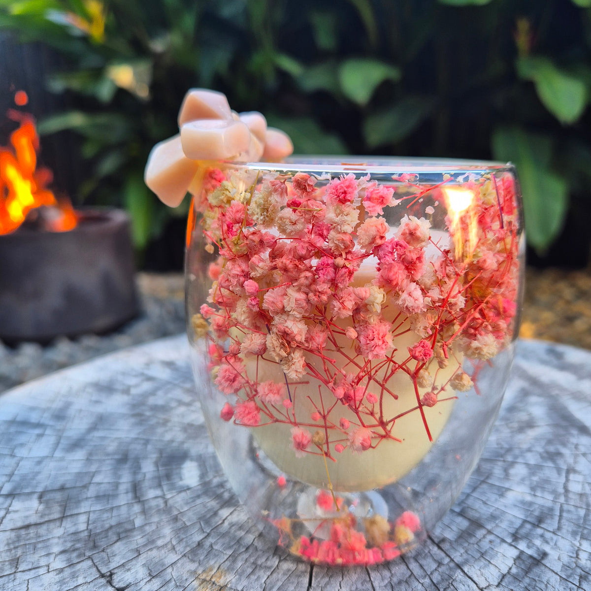Pink baby's breath glass jar candle with pink opal