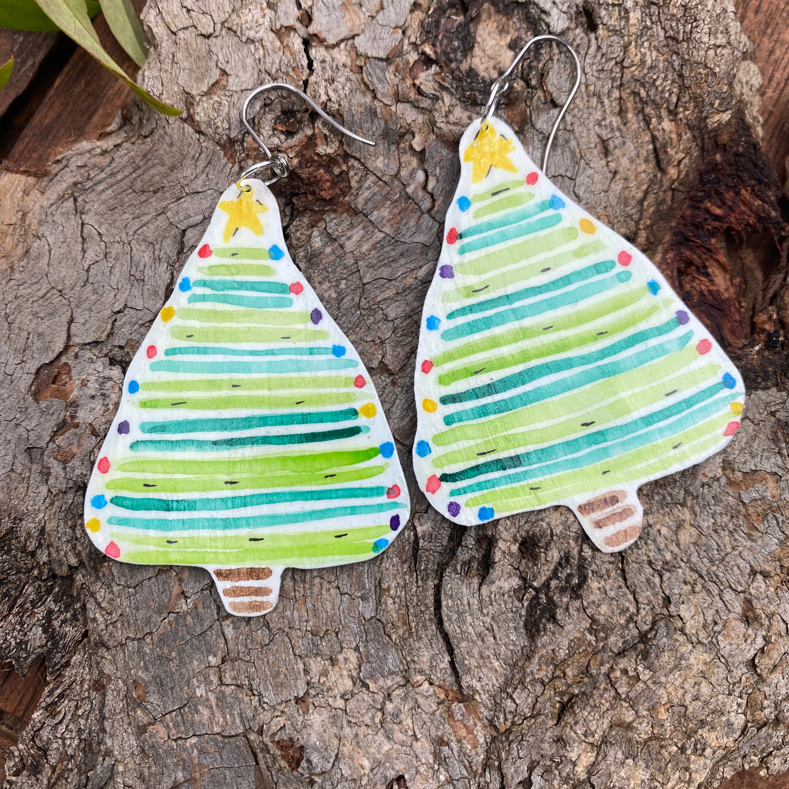 Christmas Tree Earrings – Hand-painted Brass Jewellery
