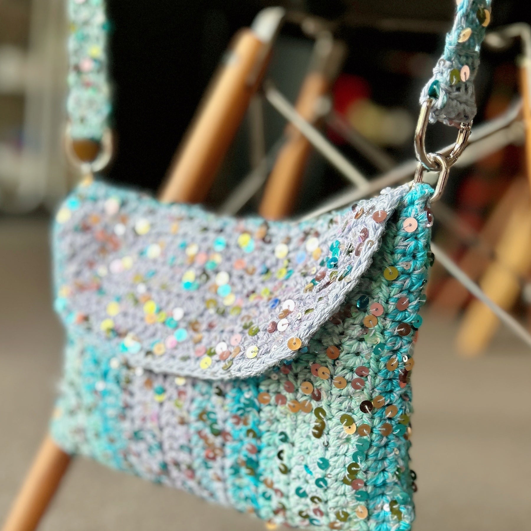 Handmade Cotton Crochet Sequin Crossbody Bag, Sparkly Statement Bag
