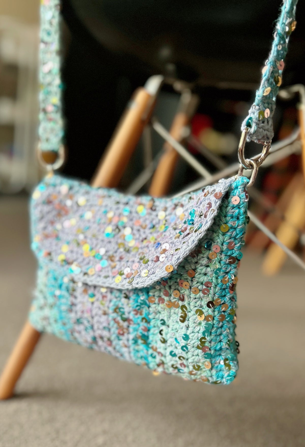 Handmade Cotton Crochet Sequin Crossbody Bag, Sparkly Statement Bag