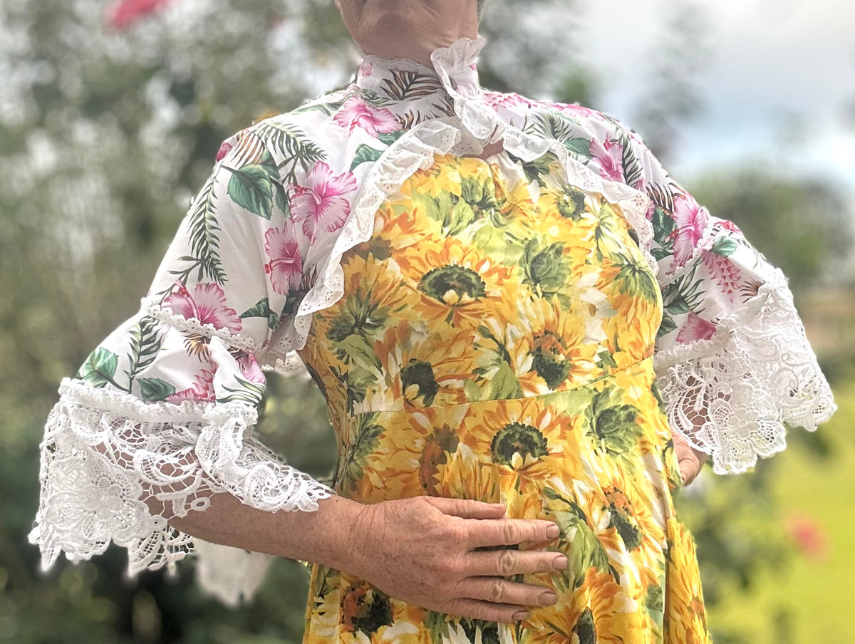 Upcycled Pink Hibiscus Bolero 3/4 Lace Sleeves