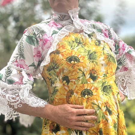 Upcycled Pink Hibiscus Bolero 3/4 Lace Sleeves