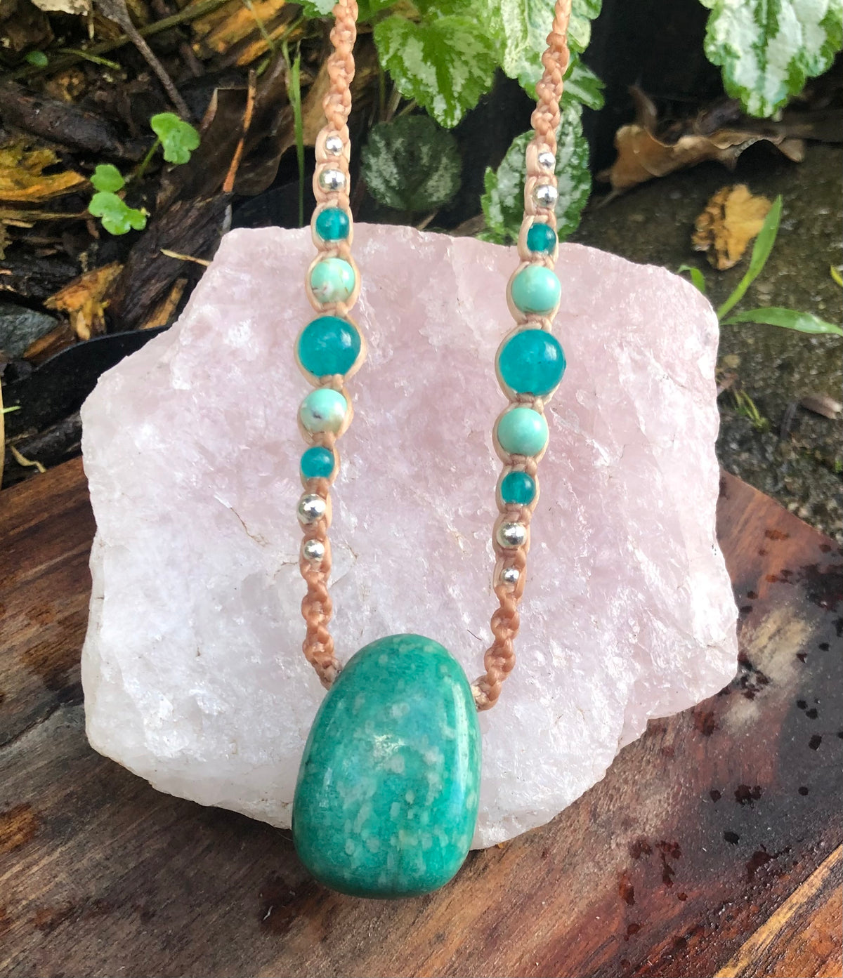 Amazonite Pendant, necklace macrame beaded adjustable boho