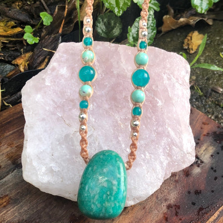 Amazonite Pendant, necklace macrame beaded adjustable boho