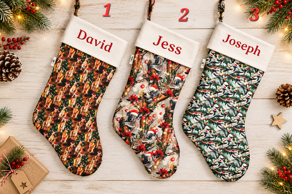 Personalized Quilted Christmas Stocking, 60cm Long, Australian Animals (Koala, Kangaroo, Magpie)