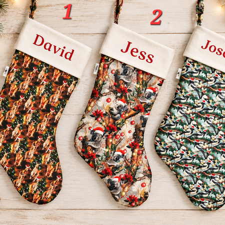 Personalized Quilted Christmas Stocking, 60cm Long, Australian Animals (Koala, Kangaroo, Magpie)