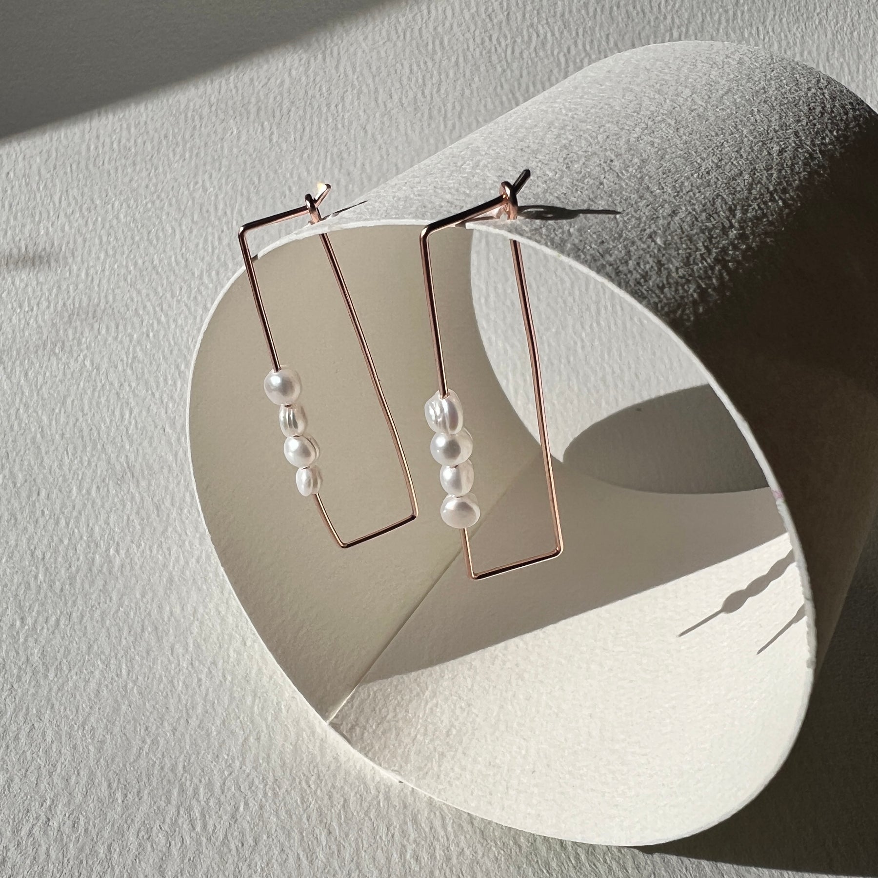 Rectangular Hooped Pearl Earrings Sterling Silver | Rose Gold