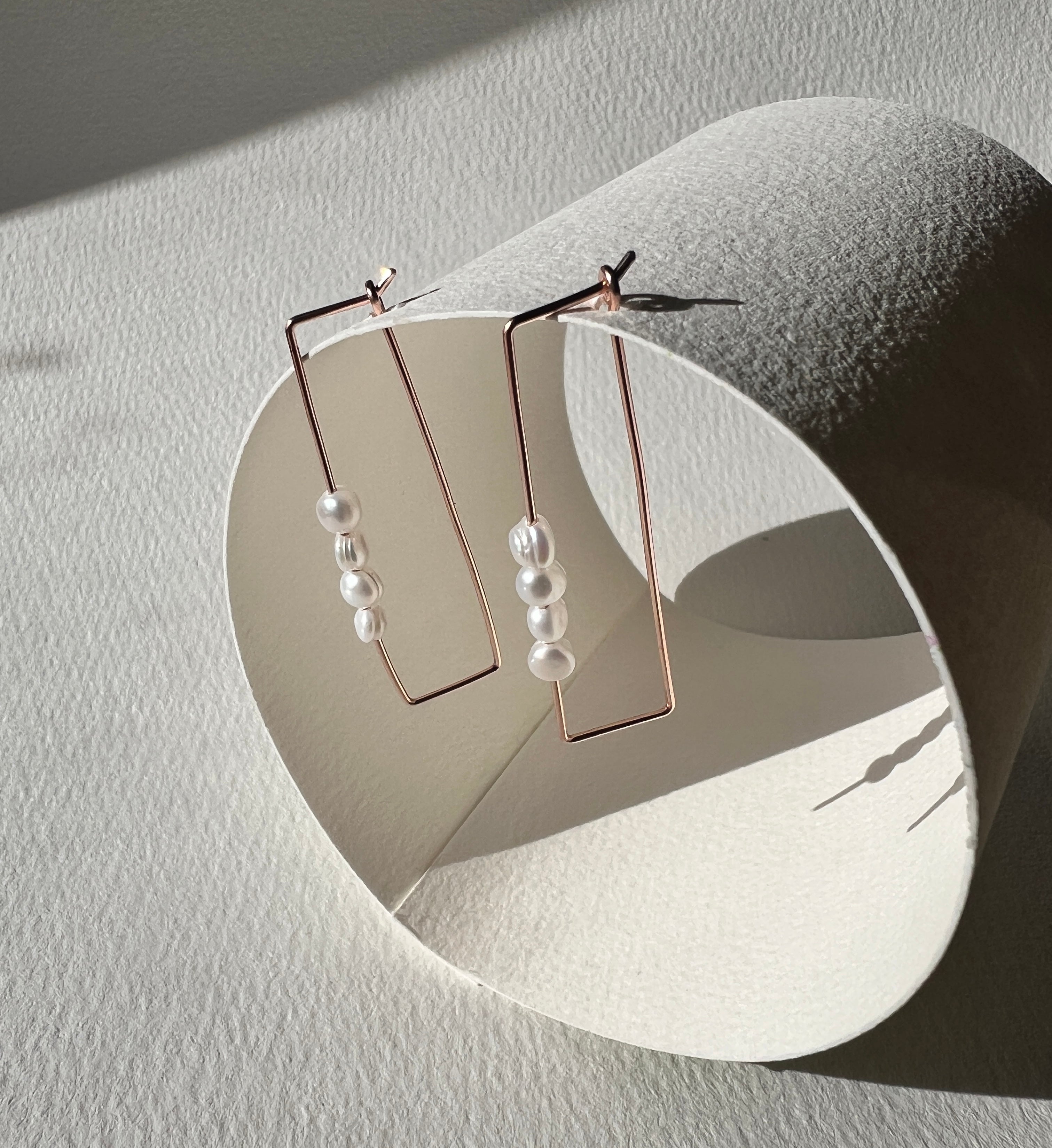 Rectangular Hooped Pearl Earrings Sterling Silver | Rose Gold