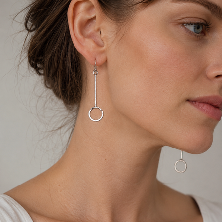 Handcrafted Sterling Silver Hammered Circle Bar Drop Earrings