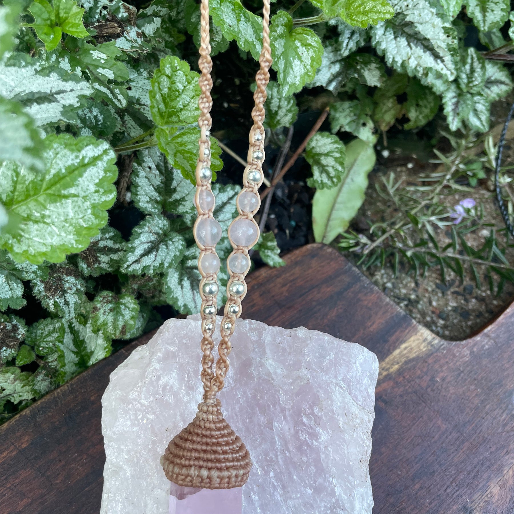 Rose quartz Pendant, double pointed crystal, Macrame necklace,