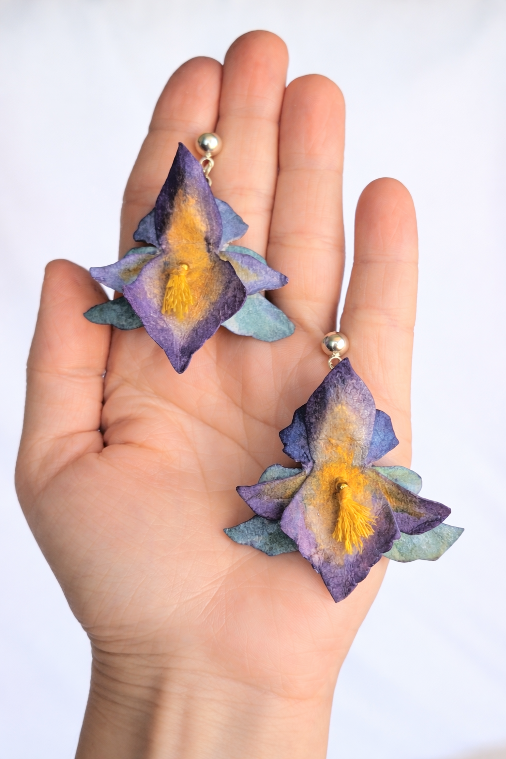 Handmade Iris Flower Earrings – Watercolour Paper Botanical Statement