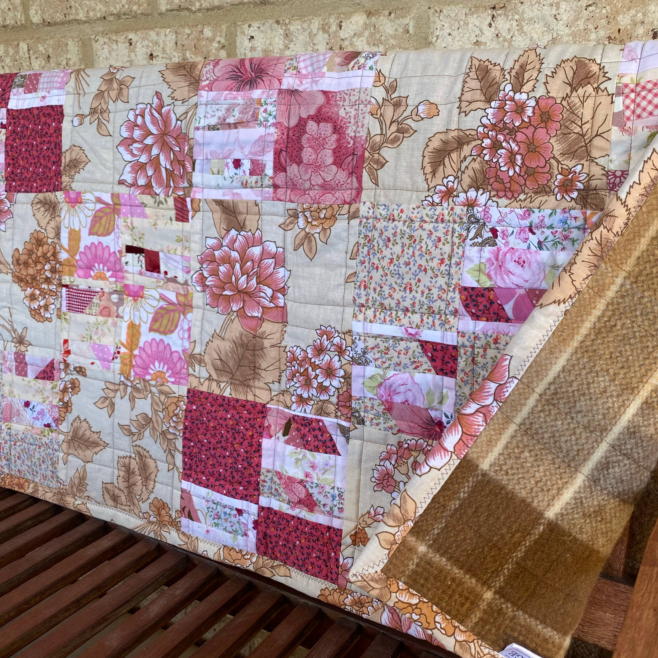 Blush and Bark Handmade Quilt Upcycled Vintage Fabrics & Wool Blanket
