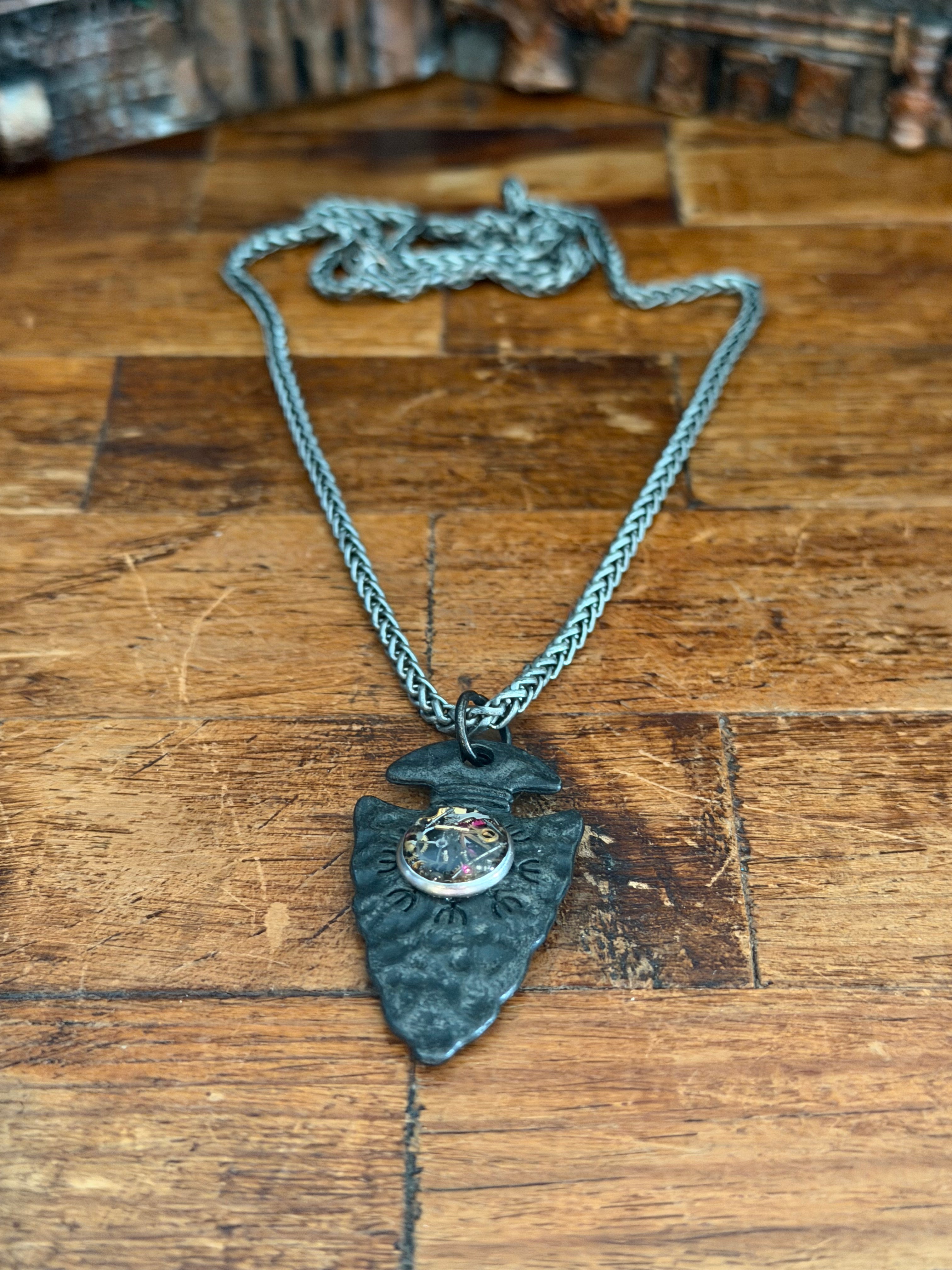 Steampunk watch parts arrowhead necklace