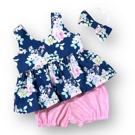 SIZE 1 Navy Rose Scoop Back Baby Peplum Set