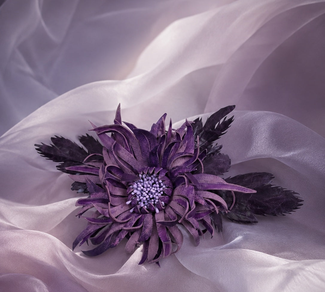 Leather  Chrysanthemum "Ribbon" Brooch / Hair Clip