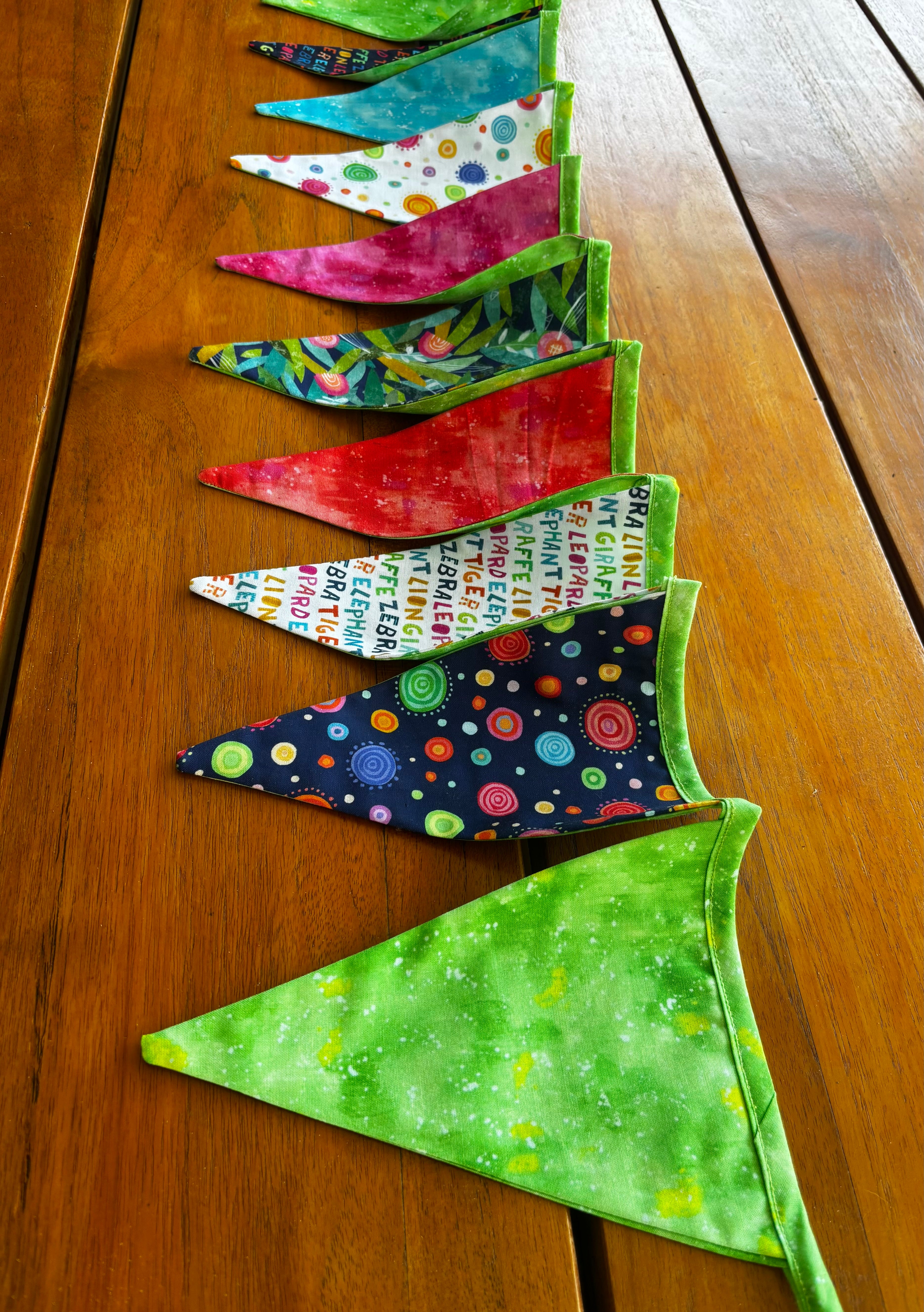 Party Time sustainable 12 flag bunting double sided with various backing and binding colours to choose from