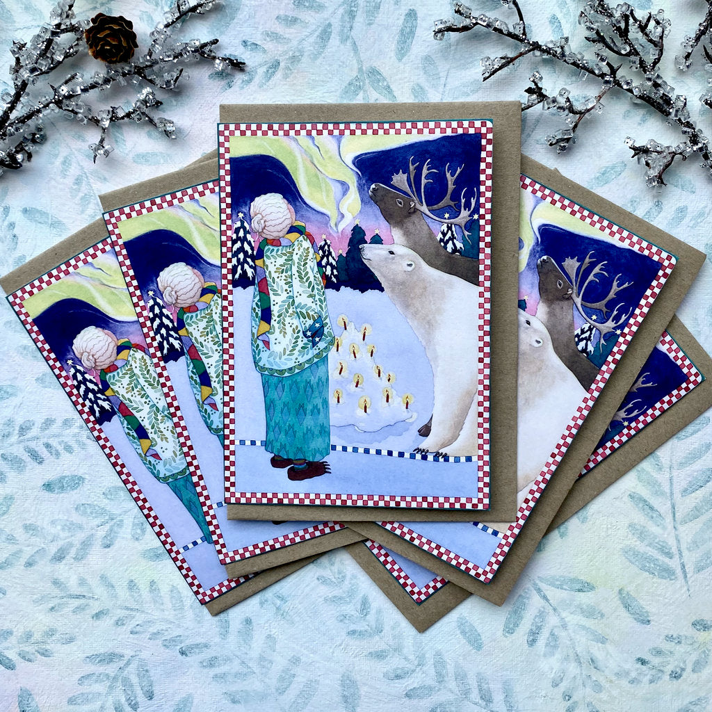 5 Mrs Santa, Polar Bear and Caribou Cards (xp-claw)