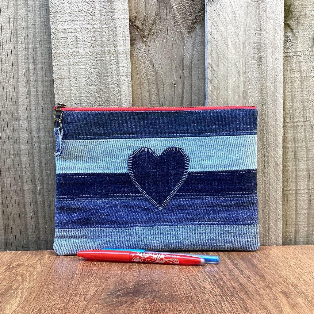 Upcycled Denim Pencil Case – Denim Heart Applique