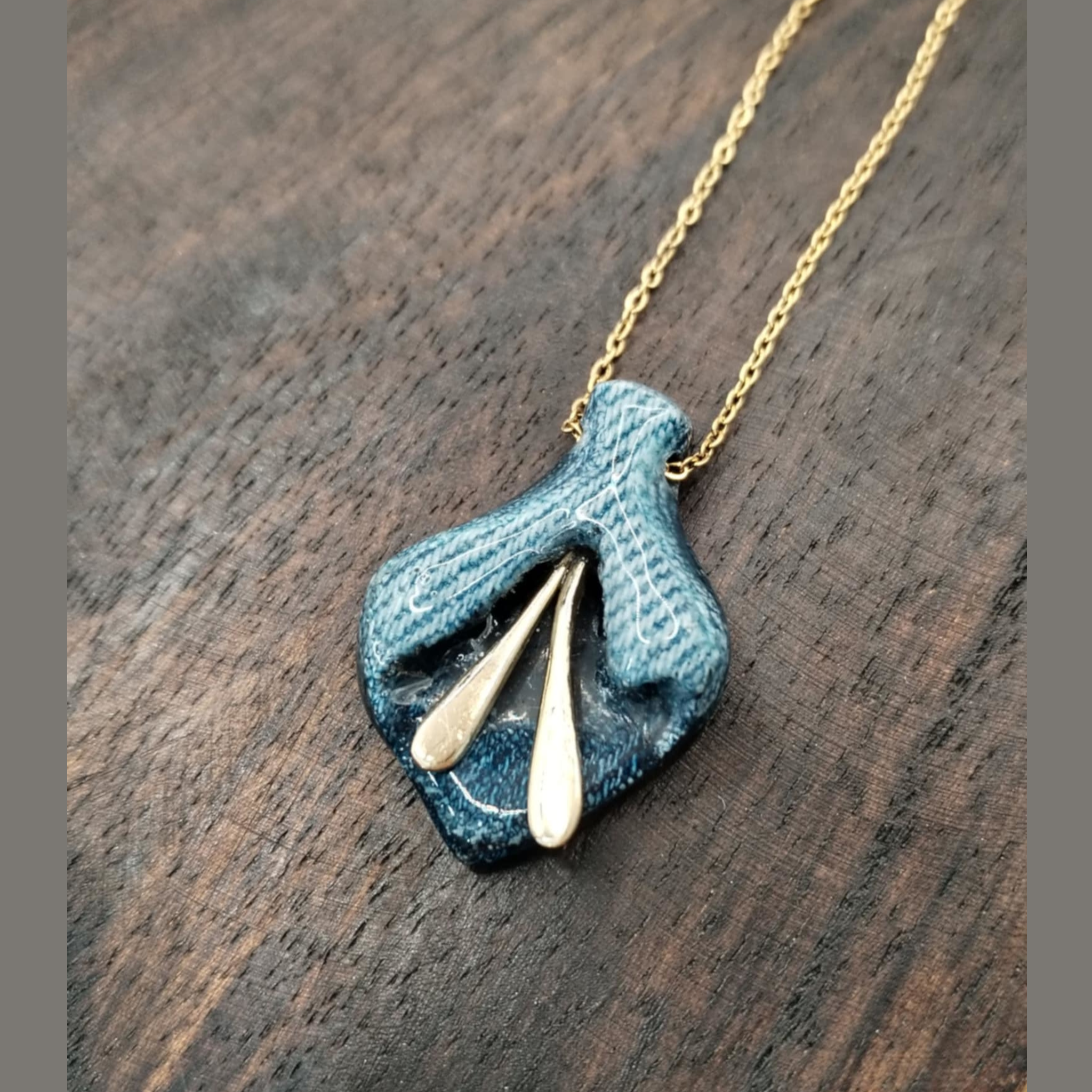 Blue Flower - Denim and brass necklace