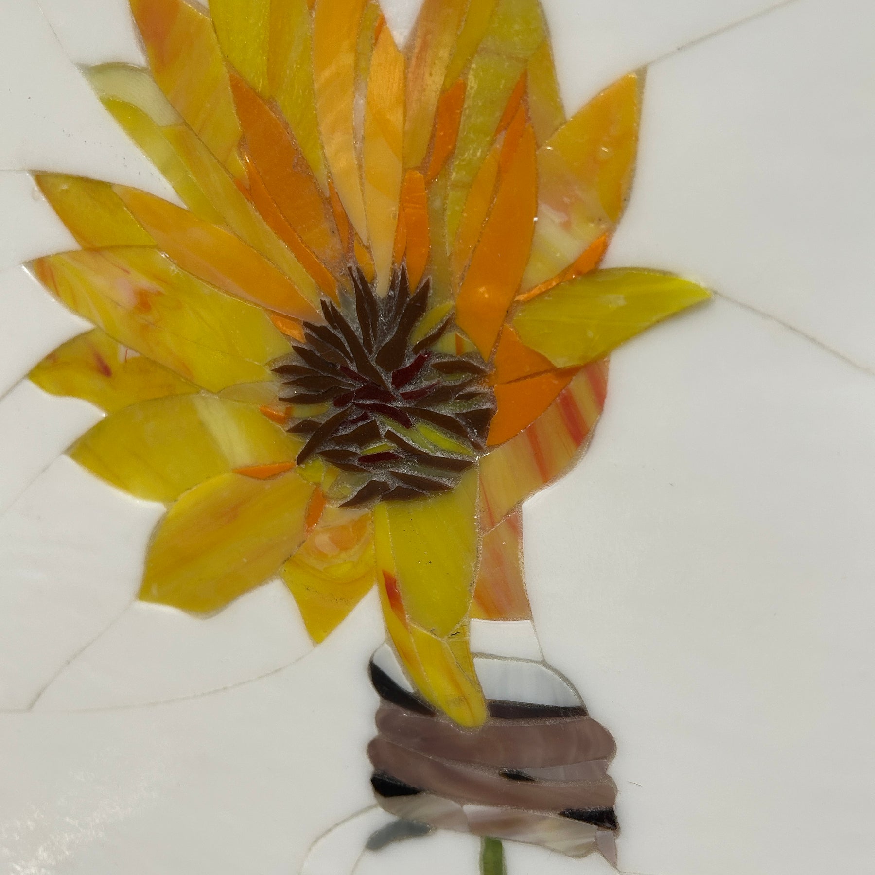 Stained Glass Mosaic Sunflower Still Life Oak Frame