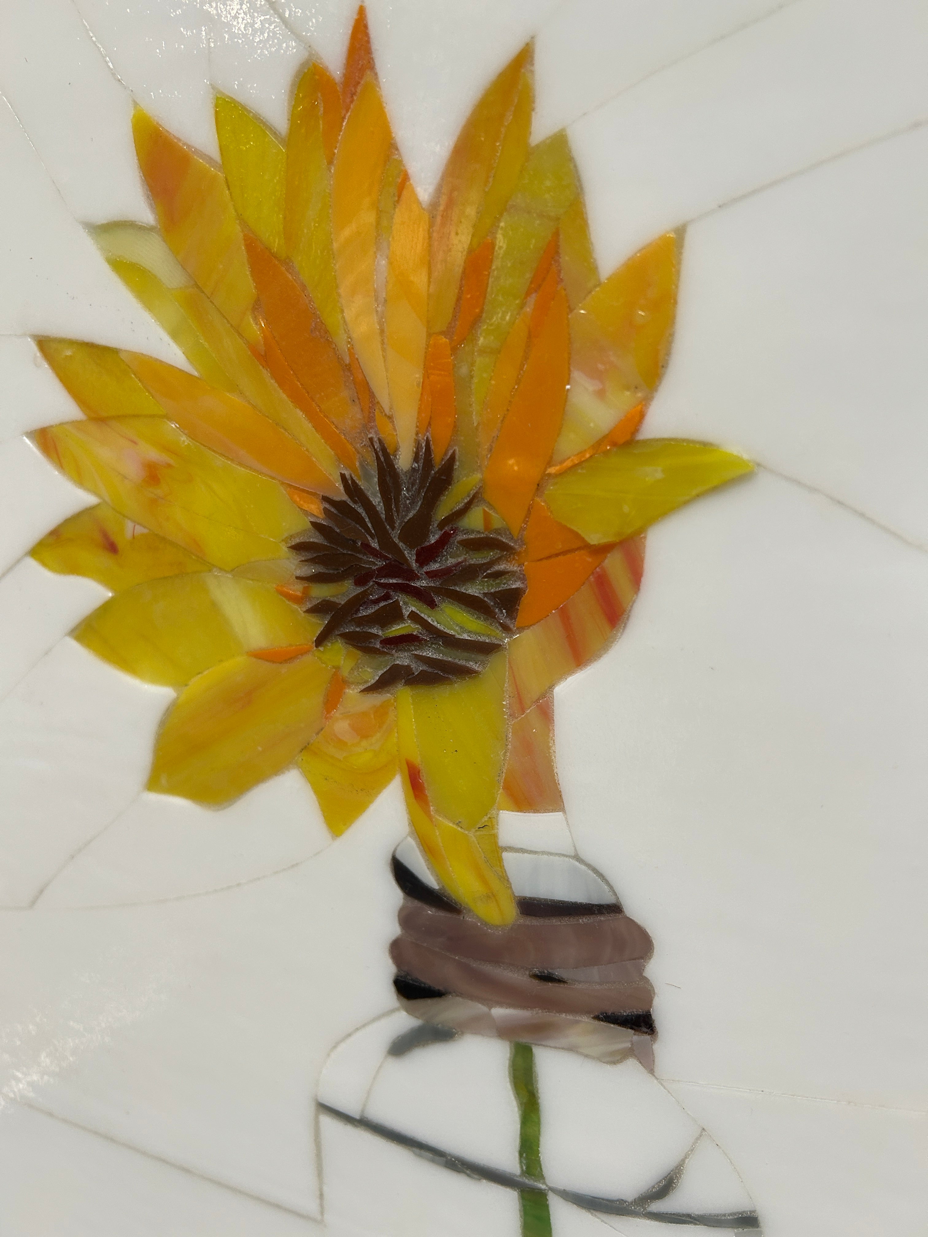 Stained Glass Mosaic Sunflower Still Life Oak Frame