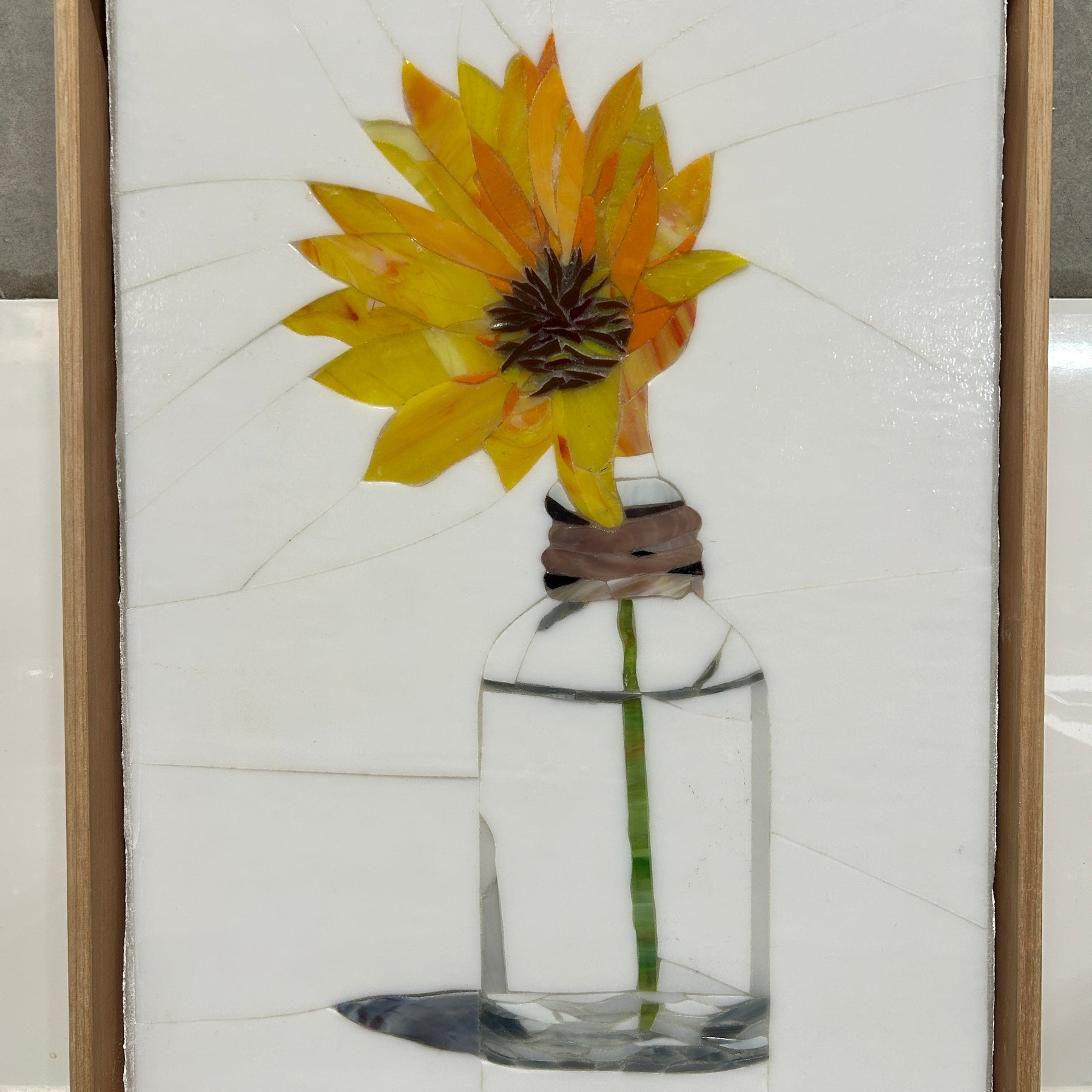 Stained Glass Mosaic Sunflower Still Life Oak Frame
