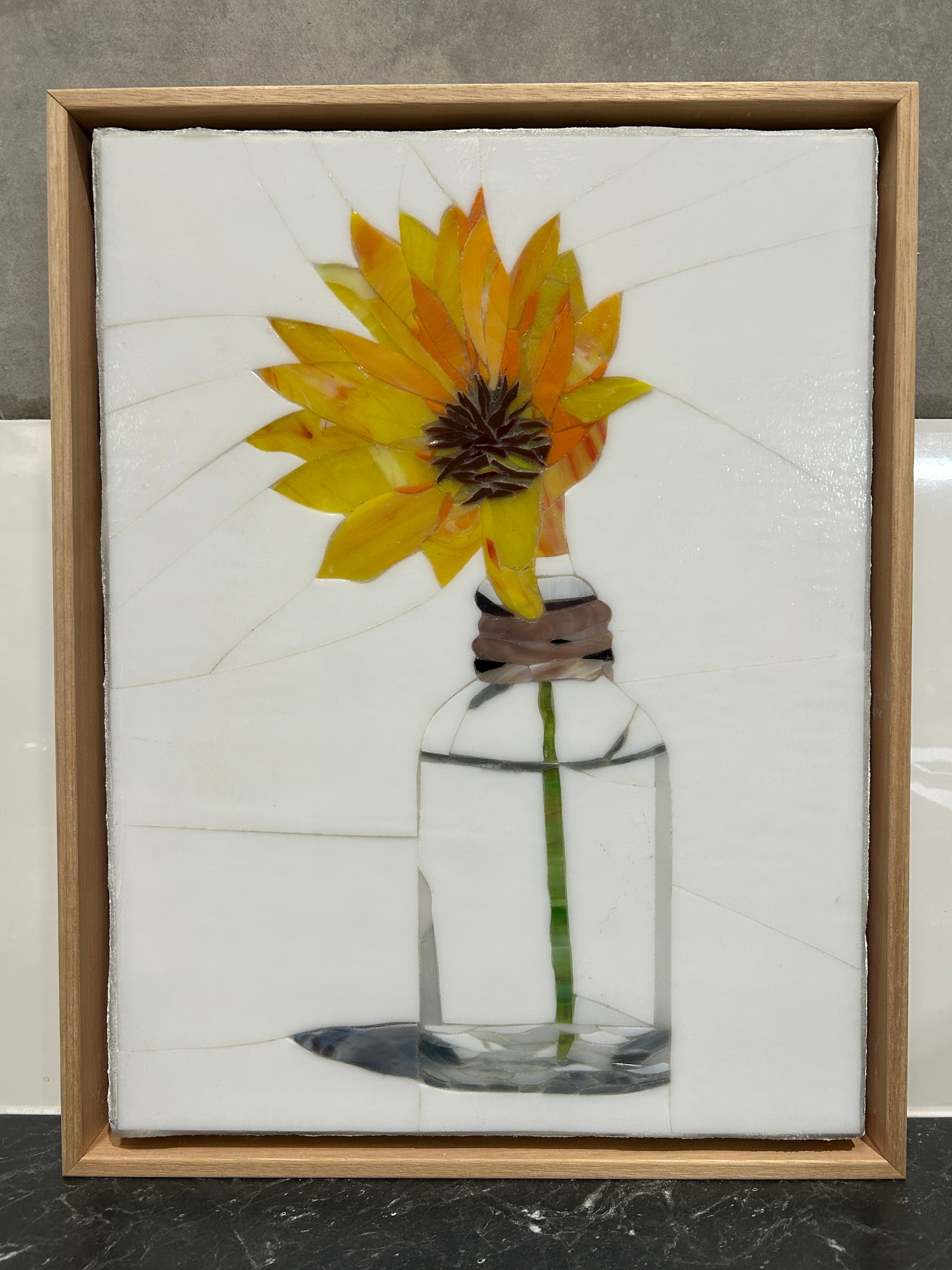Stained Glass Mosaic Sunflower Still Life Oak Frame