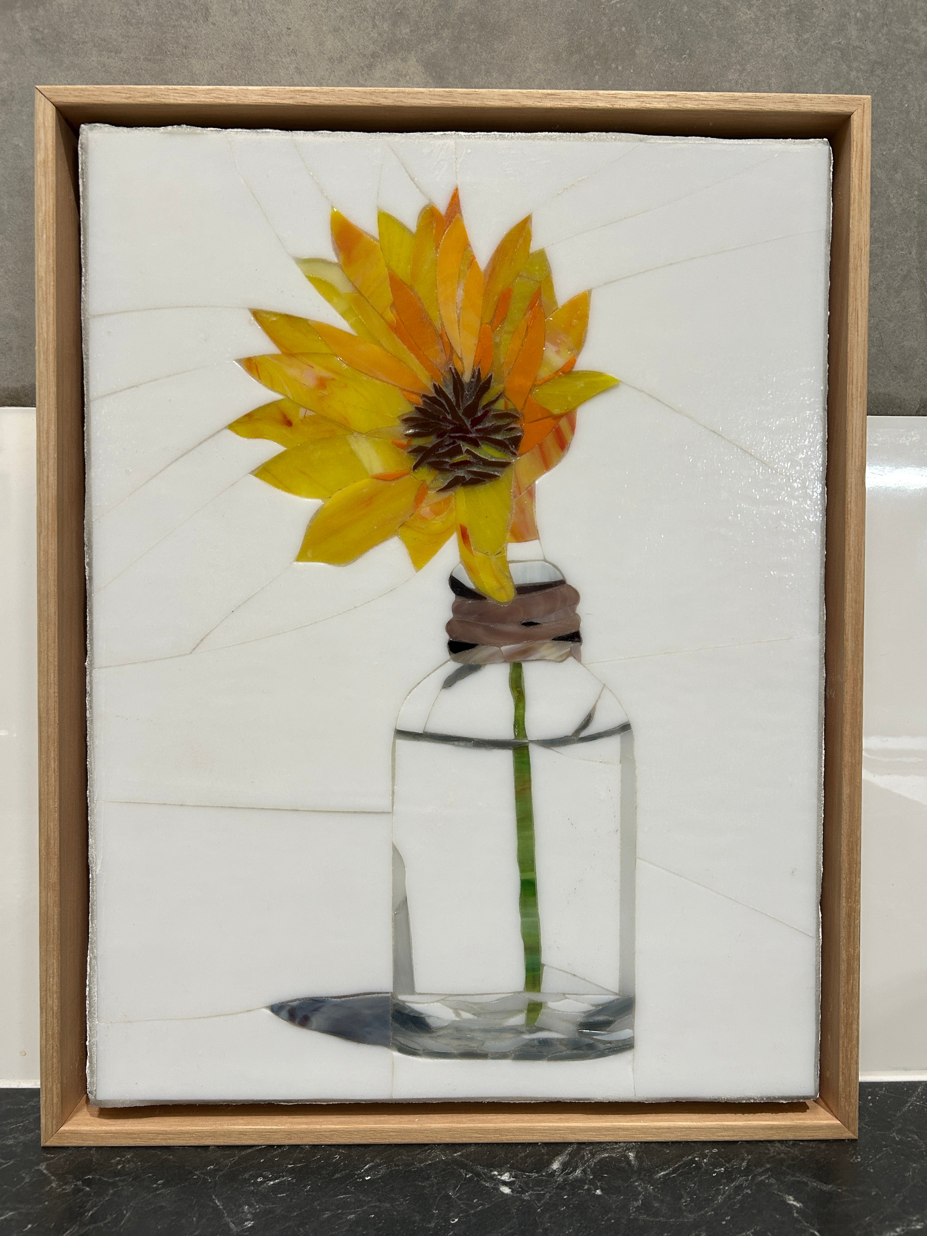 Stained Glass Mosaic Sunflower Still Life Oak Frame
