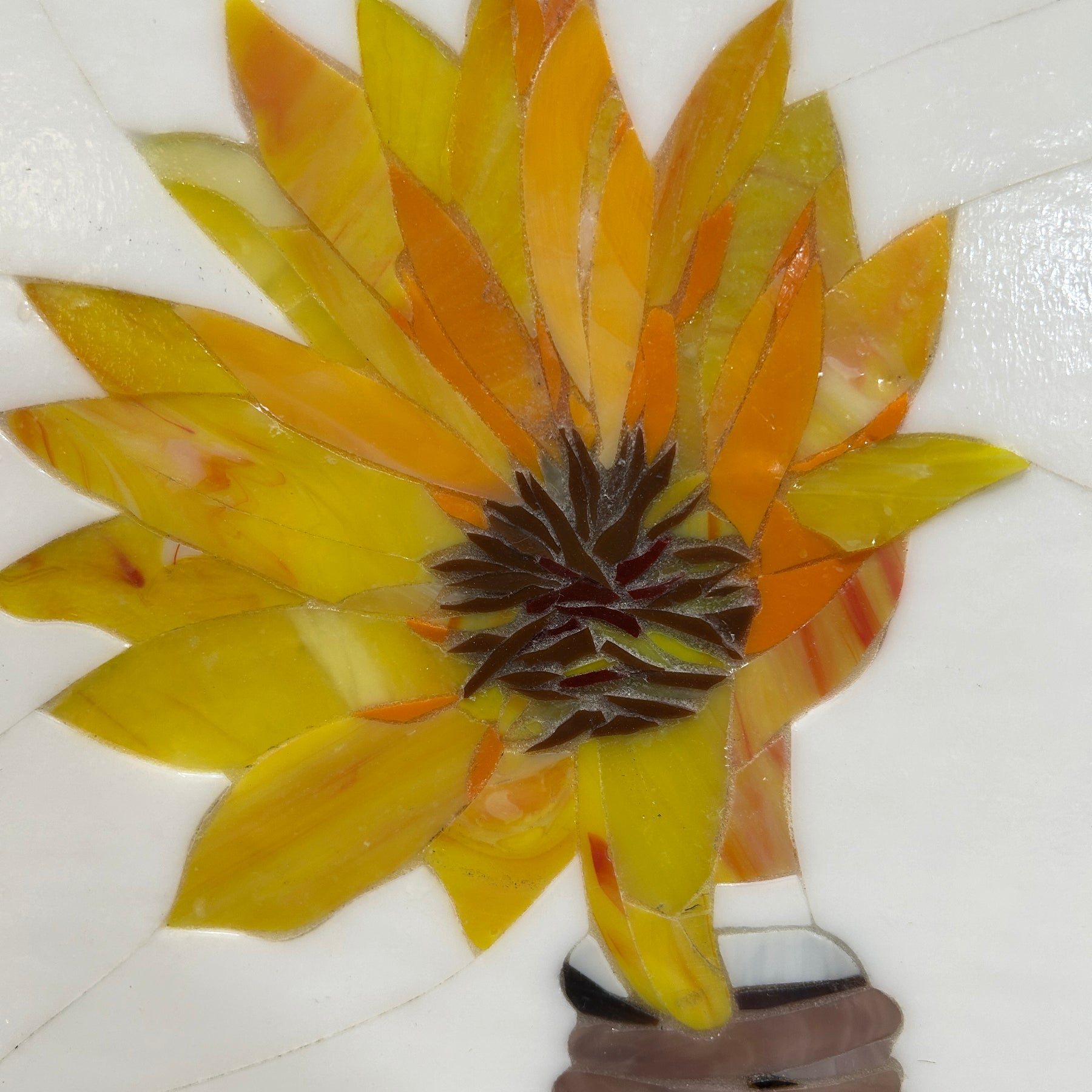 Stained Glass Mosaic Sunflower Still Life Oak Frame