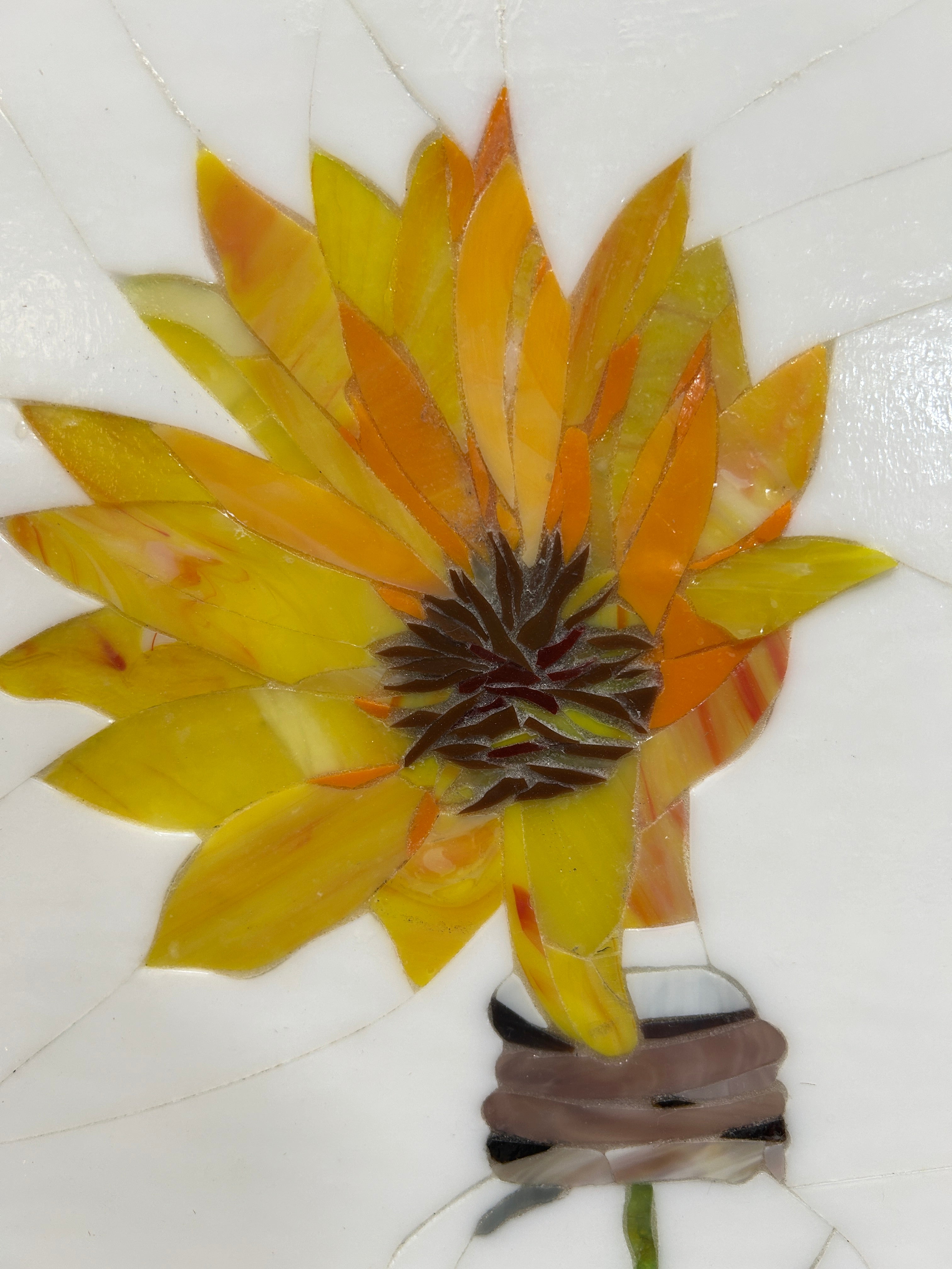 Stained Glass Mosaic Sunflower Still Life Oak Frame