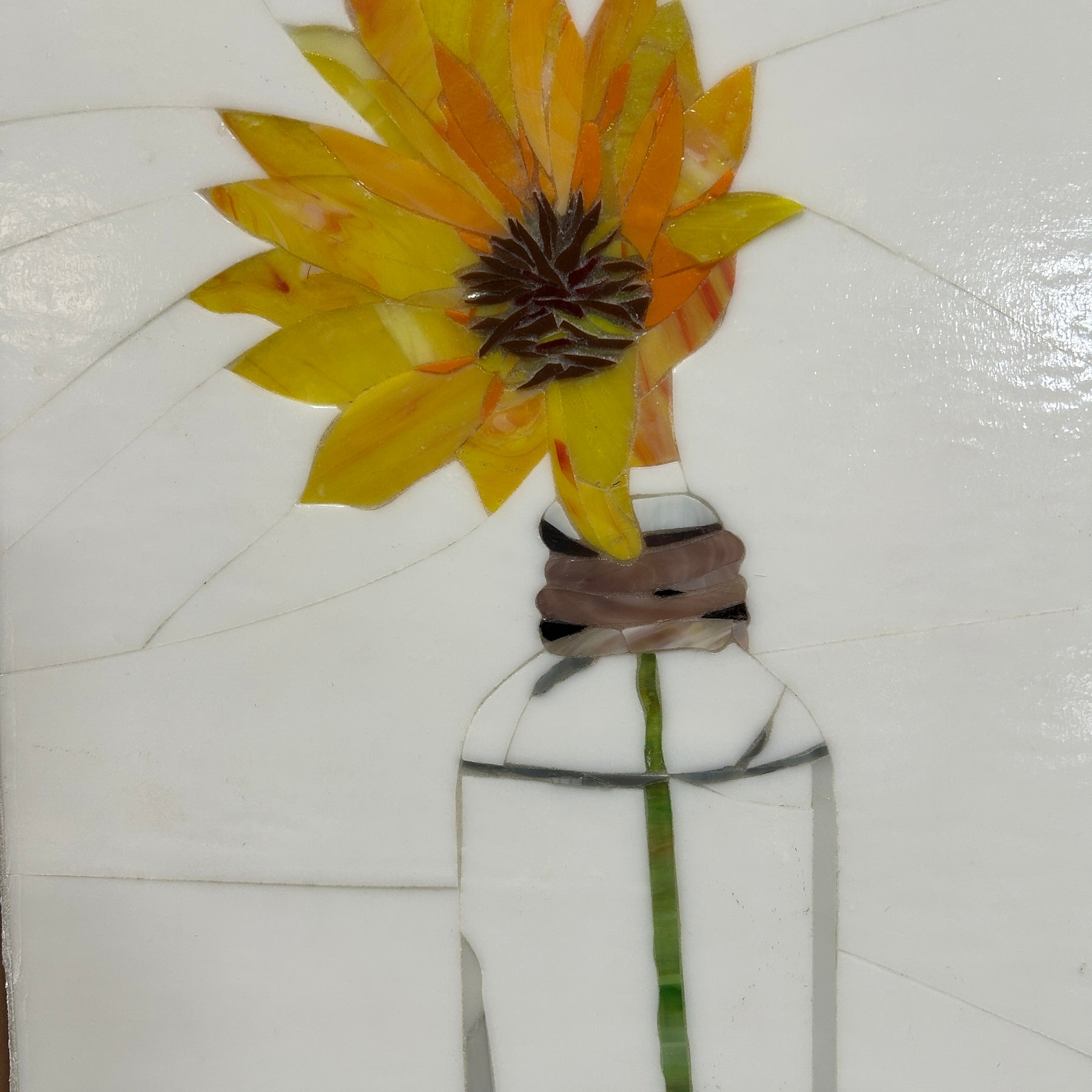 Stained Glass Mosaic Sunflower Still Life Oak Frame