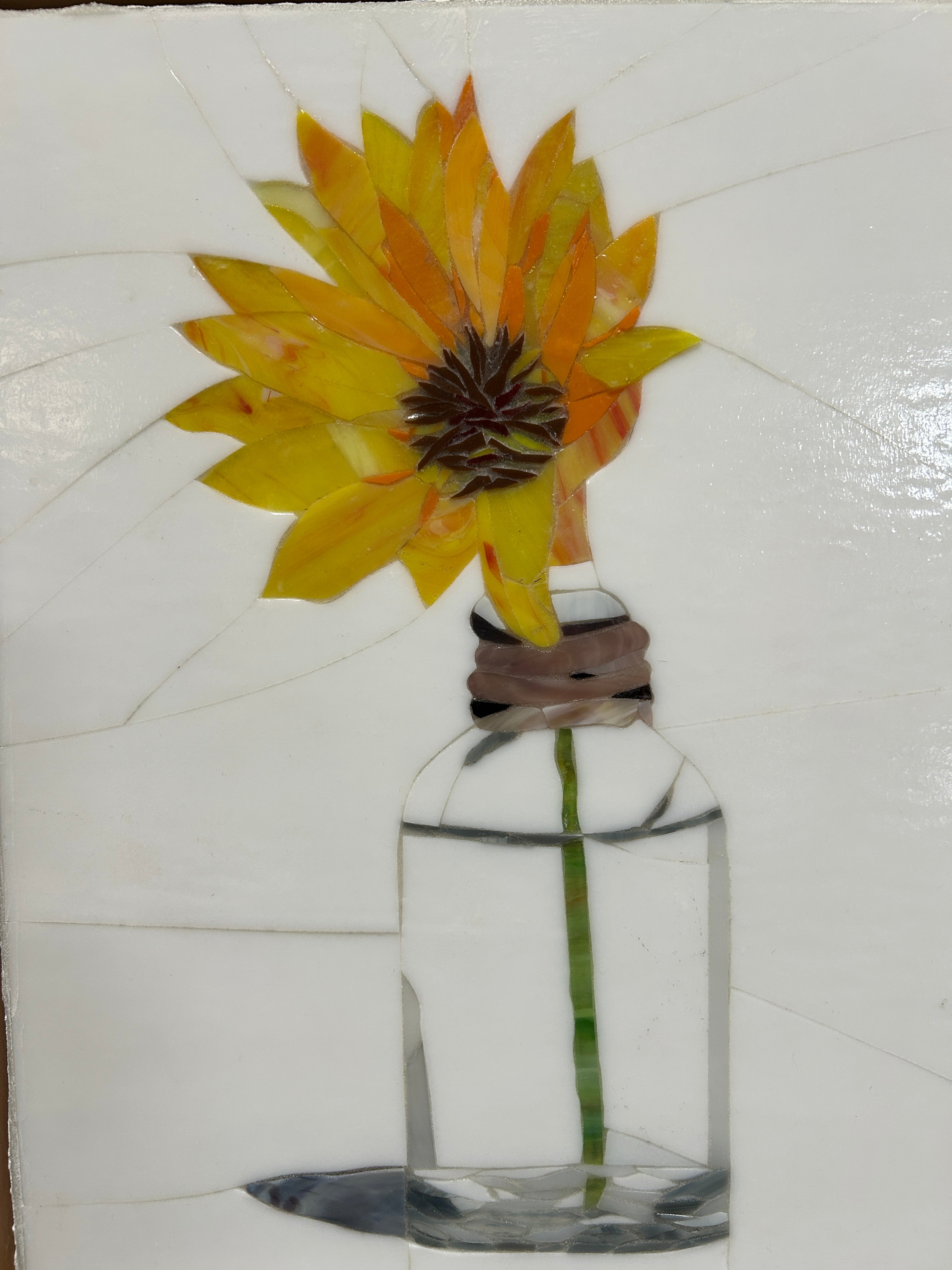 Stained Glass Mosaic Sunflower Still Life Oak Frame