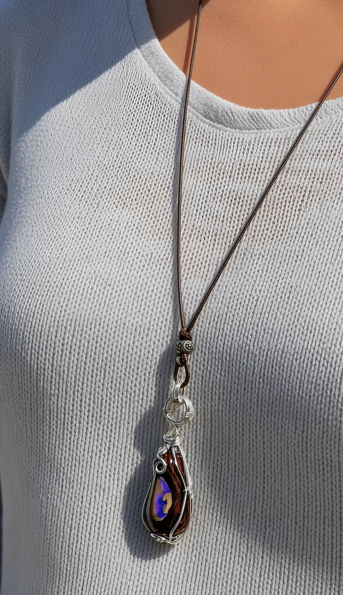 Boulder Opal & Sterling Silver Wire-Wrapped Pendant