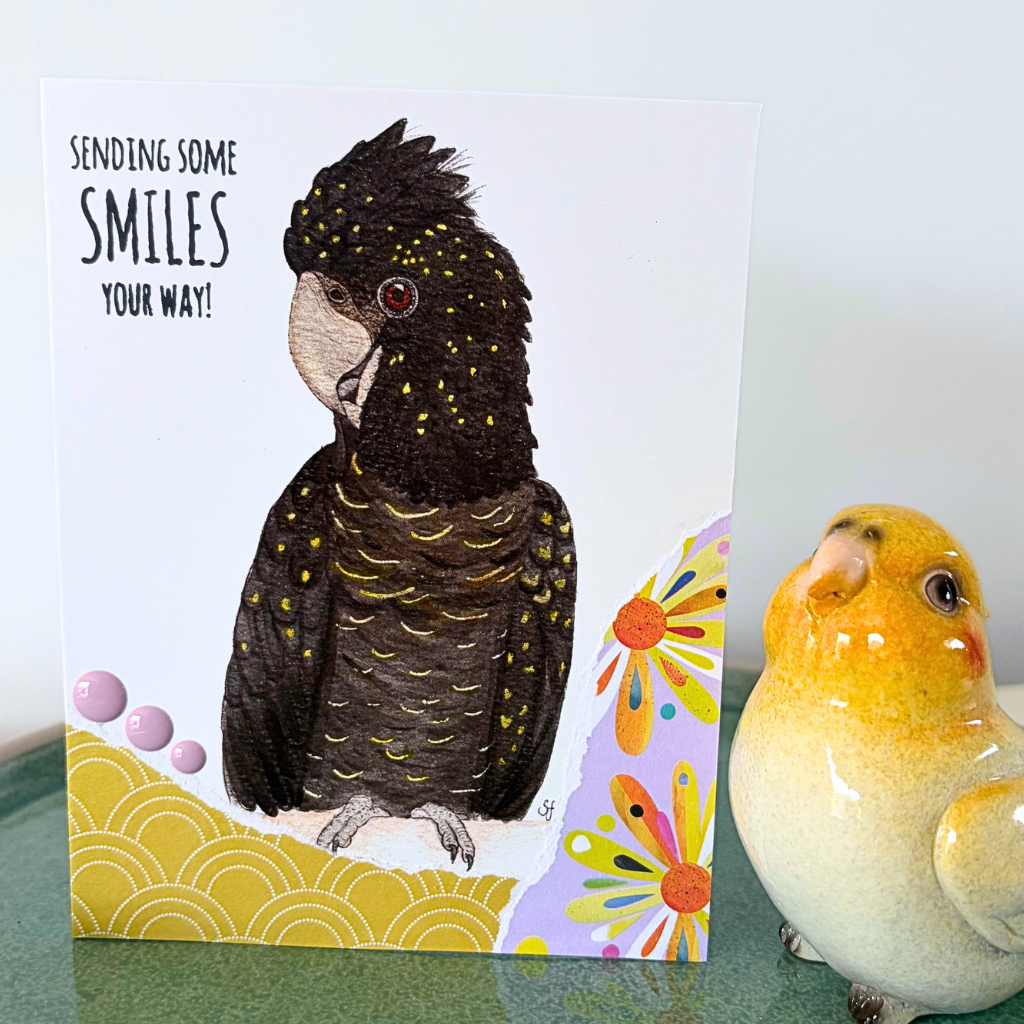 Bonnie black cockatoo "Sending smiles" card